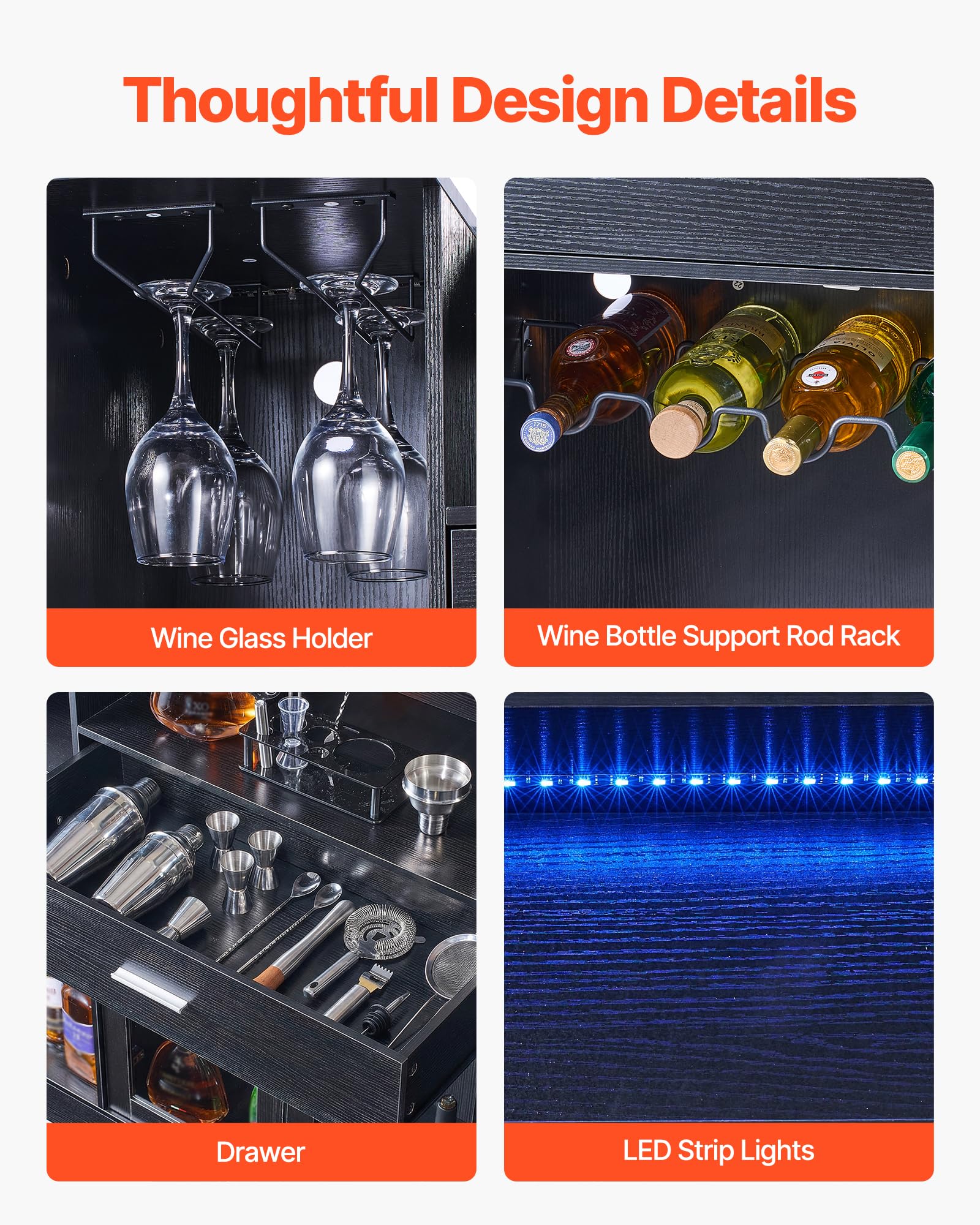 VEVOR Bancone da Bar per Casa, Mobile Tavolo da Salotto con 4 Ripiani Portabicchieri Portabottiglie, Bancone da Bar Luce LED in Legno 1500 x 460 x 1100 mm, Cucina Soggiorno Salotto Cantina, Nero
