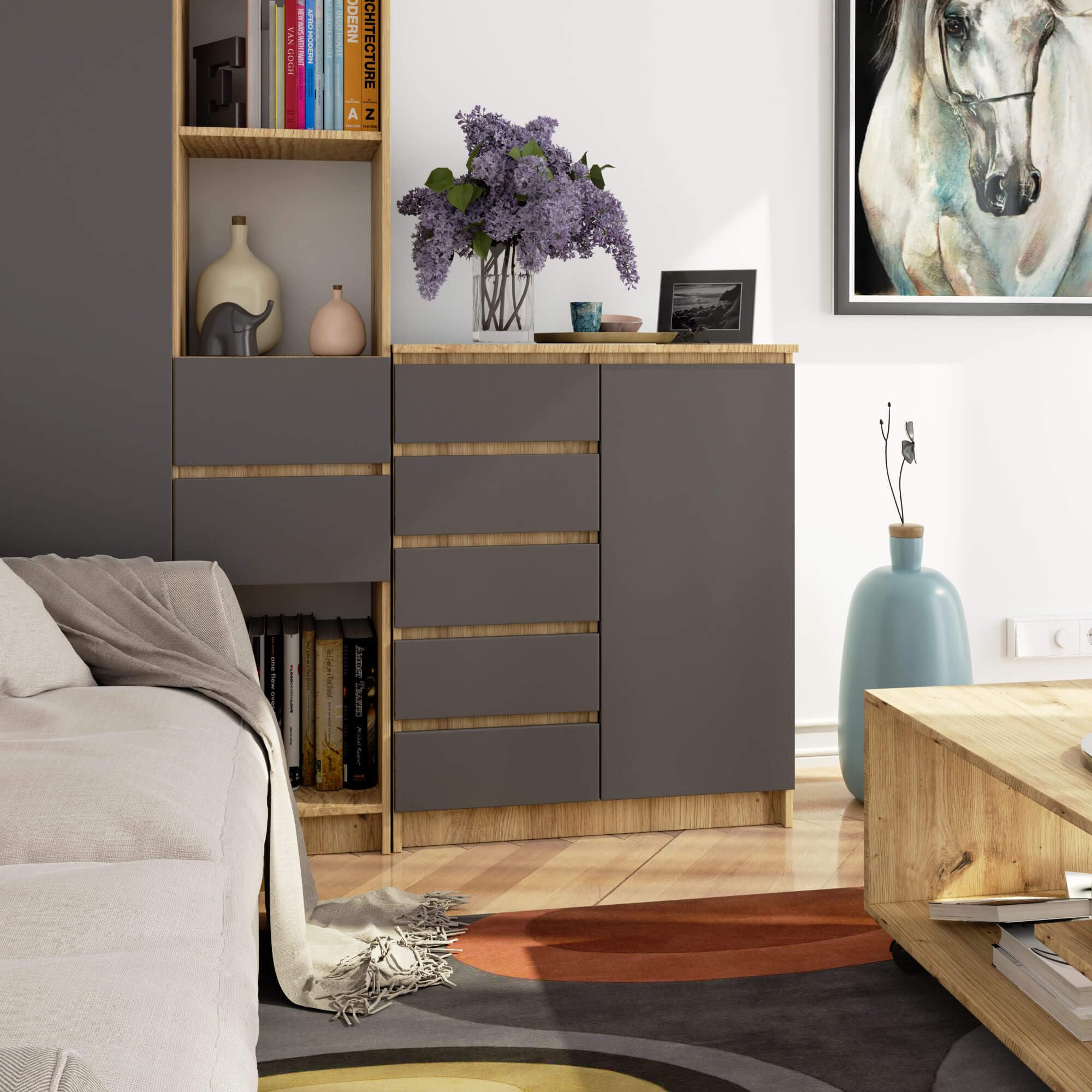 AKORD Kommode K80 mit 5 Schubladen, Schrank mit 1 Tür 3 Regalböden, Für das Wohnzimmer Schlafzimmer, Moderne, 16mm Laminierte Platte, B80xH97xT35 cm, Farbe Artisan-Eiche & Graphitgrau