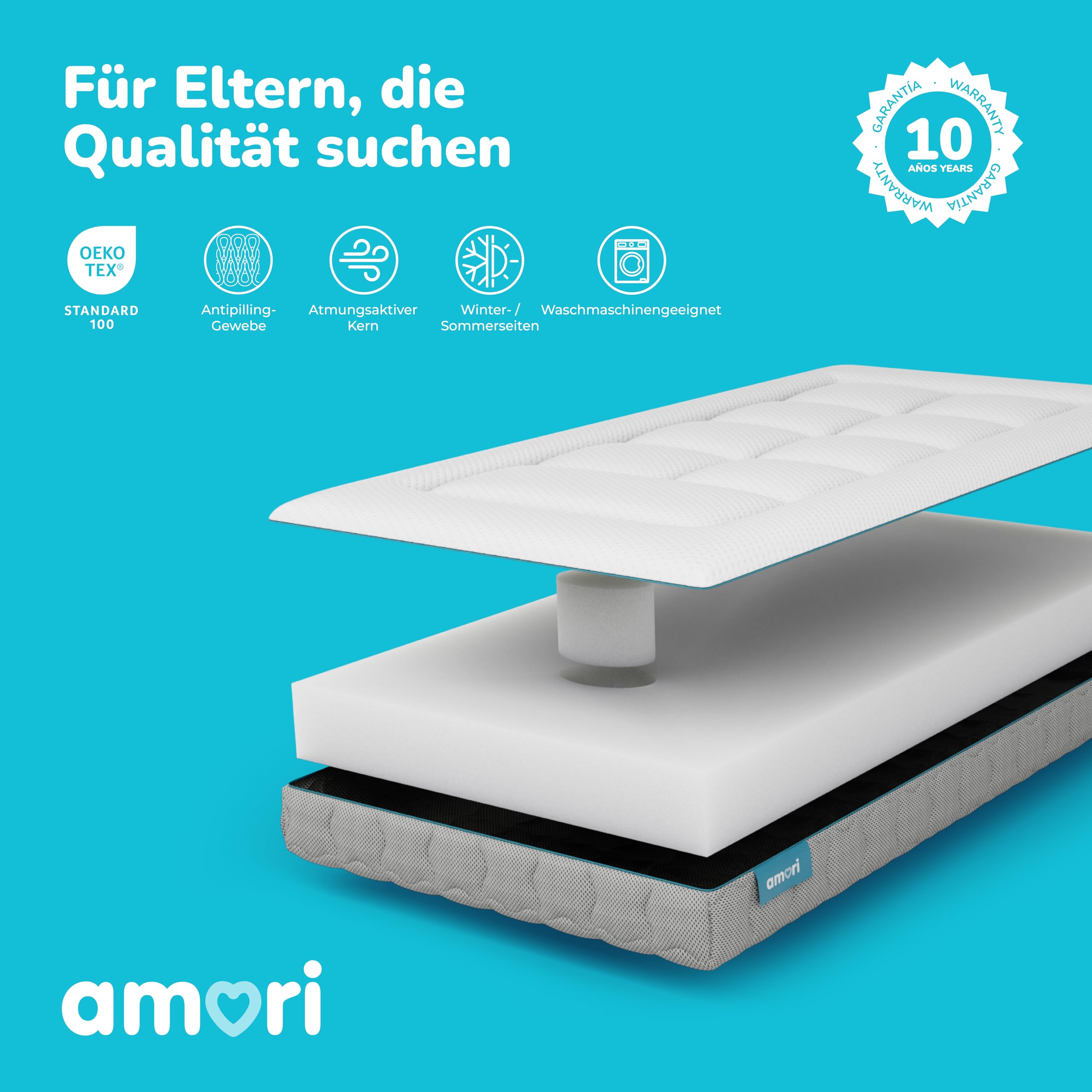 AMORI Matratze für Wiege 117 x 57 cm | Erstickungsschutz | Matratze Doppelseitig Winter - Sommer | Babybett Matratzen Atmungsaktiv und Hypoallergen | Waschbarer Bezug | Öko-Tex | Comfort Plus