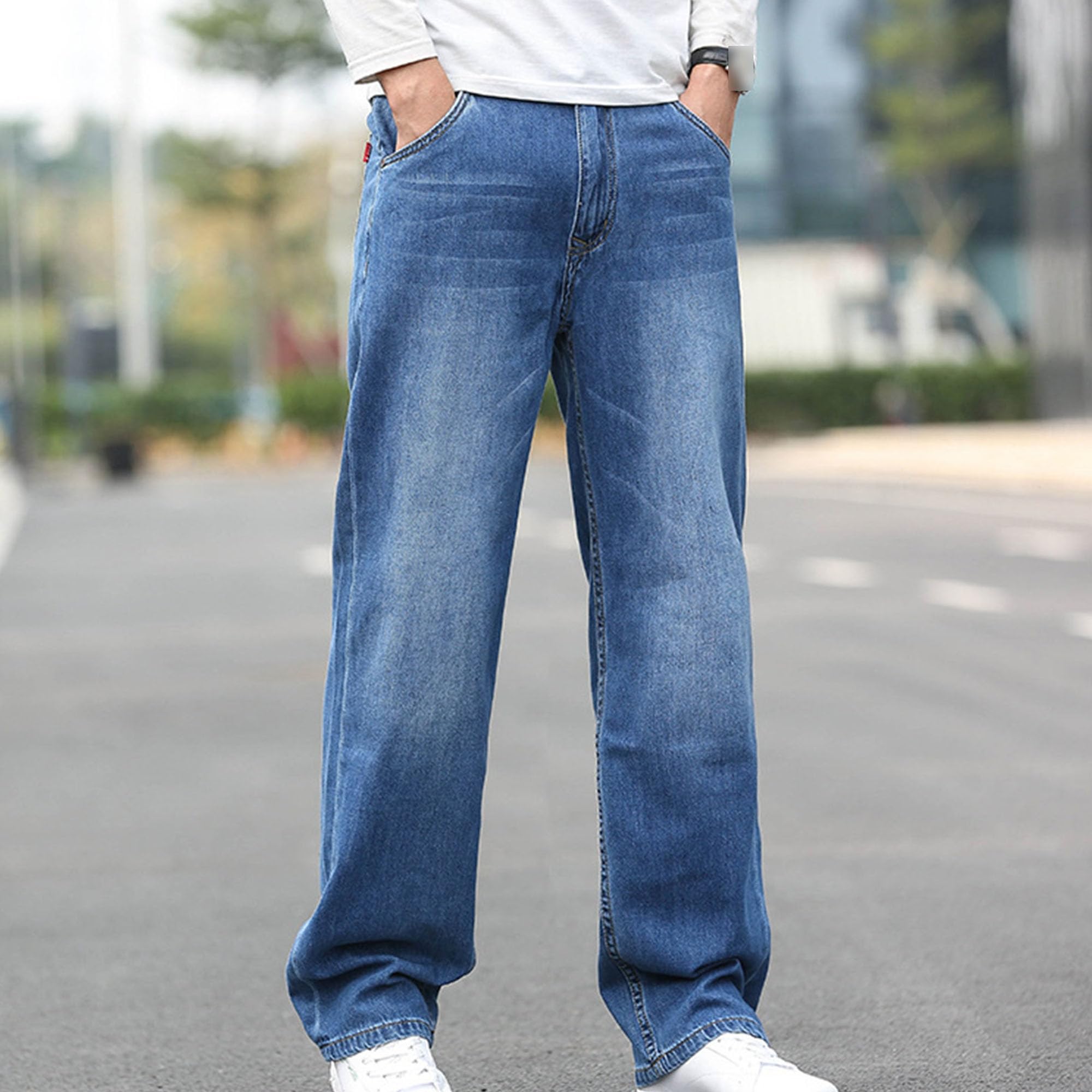 Men's Baggy Straight Leg Jeans Loose Fit Vintage Cargo Jean Pants Regular Fit Casual Plus Size Pants (48,Blue1)