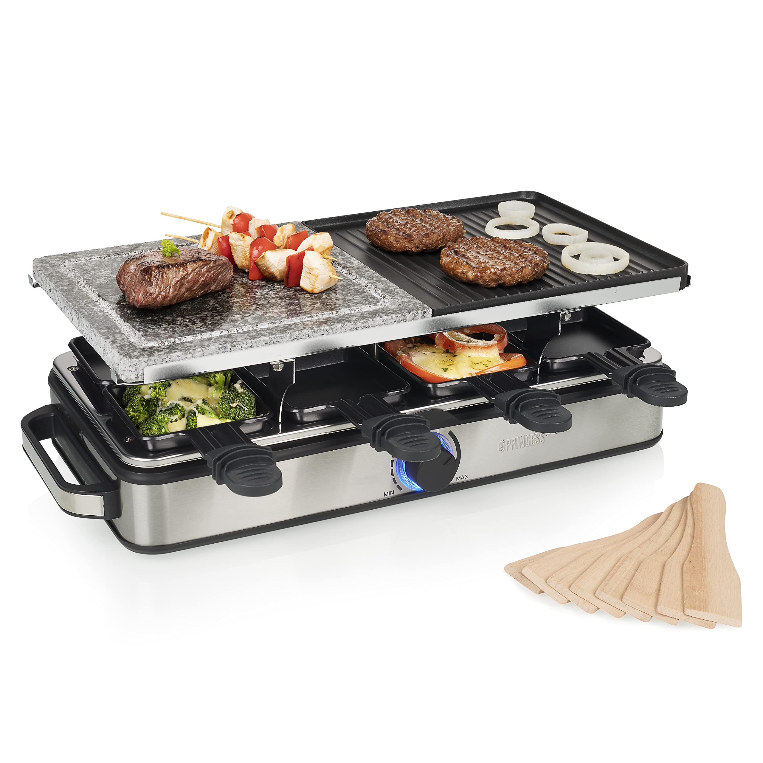 Princess Grill Raclette Deluxe – z Płytą z Kamienia I Aluminium, Dwustronny, Dla 8 Osób, Patelnia Do Raclette, 1400 W, Termostat, Stal Nierdzewna, Szczotkowana, 162635