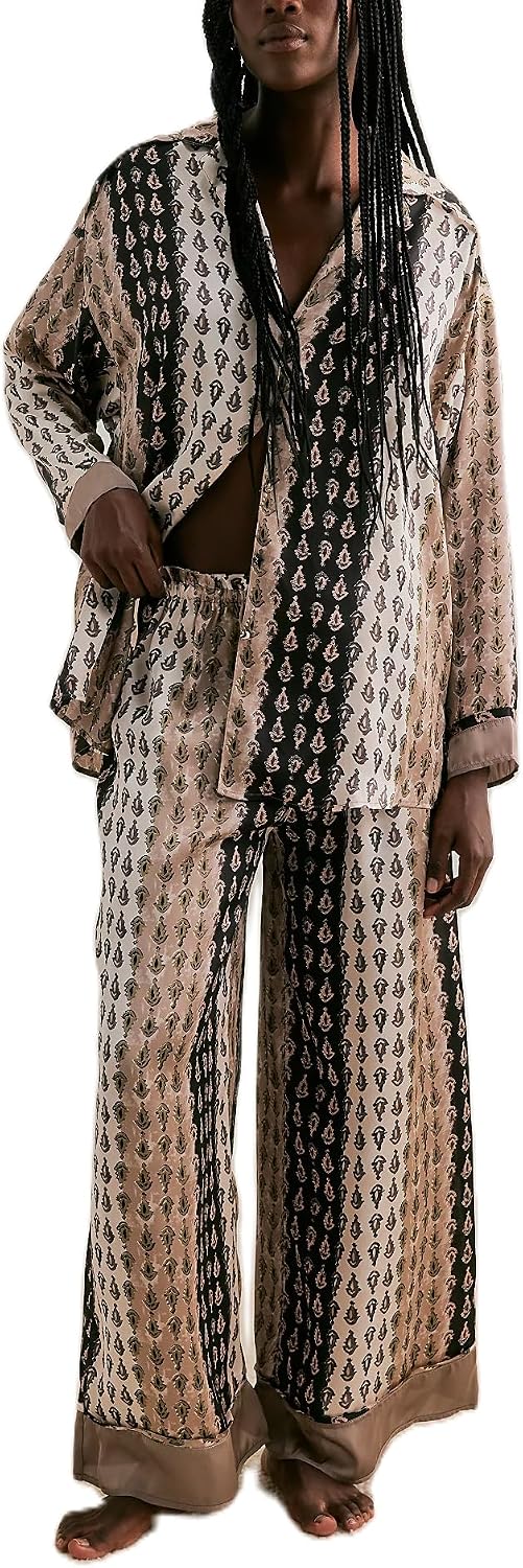 LILTWIST Silk Satin Pajamas Set for Women 2 Piece Floral Pjs Wide Leg Lounge Pants Set Long Sleeve Button down Pj Shirts Set