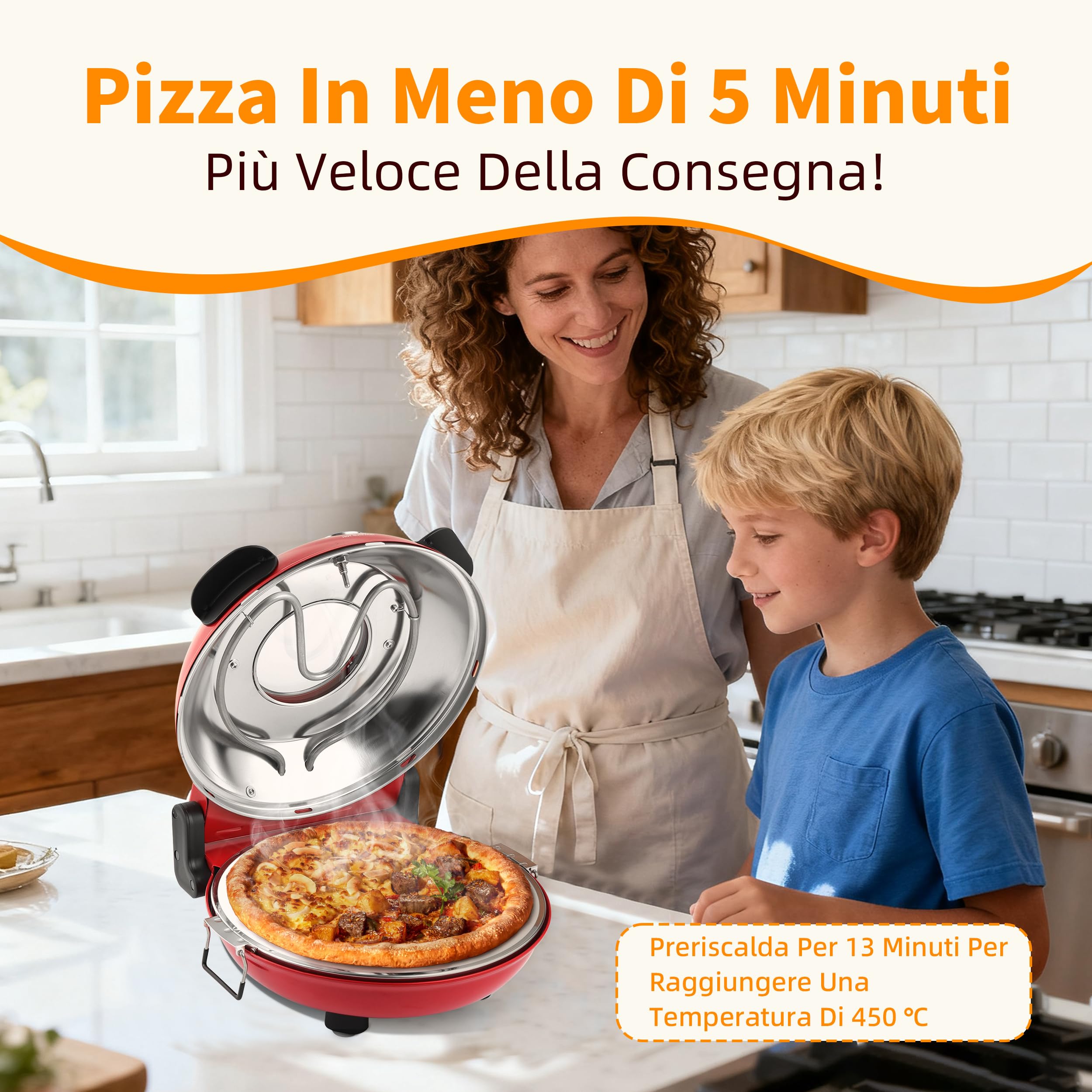 Forno Elettrico per Pizze, Pizza 4' Minuti, Φ 31cm Piastra Pietra Ceramica, Max 420℃ Forno Pizza con 5 livelli di cottura, inkl. Pala per Pizza, Raschietto e Ricette