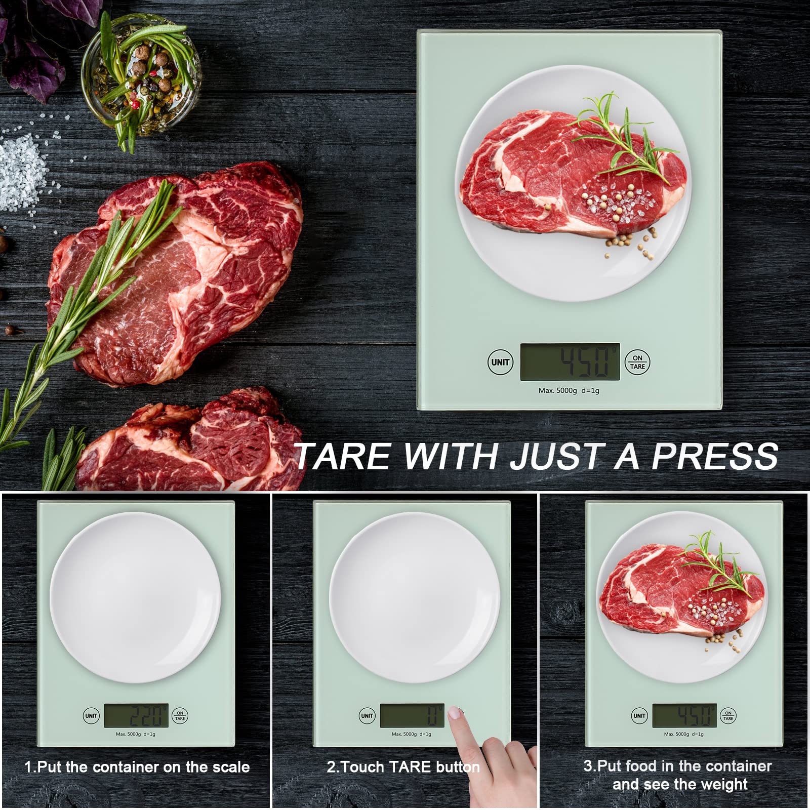 K7912 Botón táctil Función tara 9/IL: Pantalla LCD Oz/oz/ml Sistema de sensor de extensométrico de alta precisión Plataforma de vidrio templado Escala electrónica de cocina 5kg
