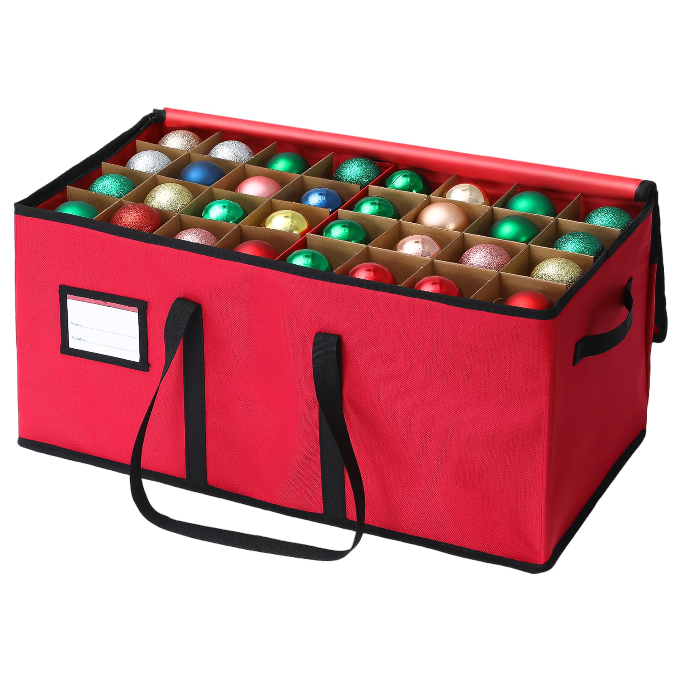 Organizador de adornos navideños con 128 compartimentos y asa, color rojo