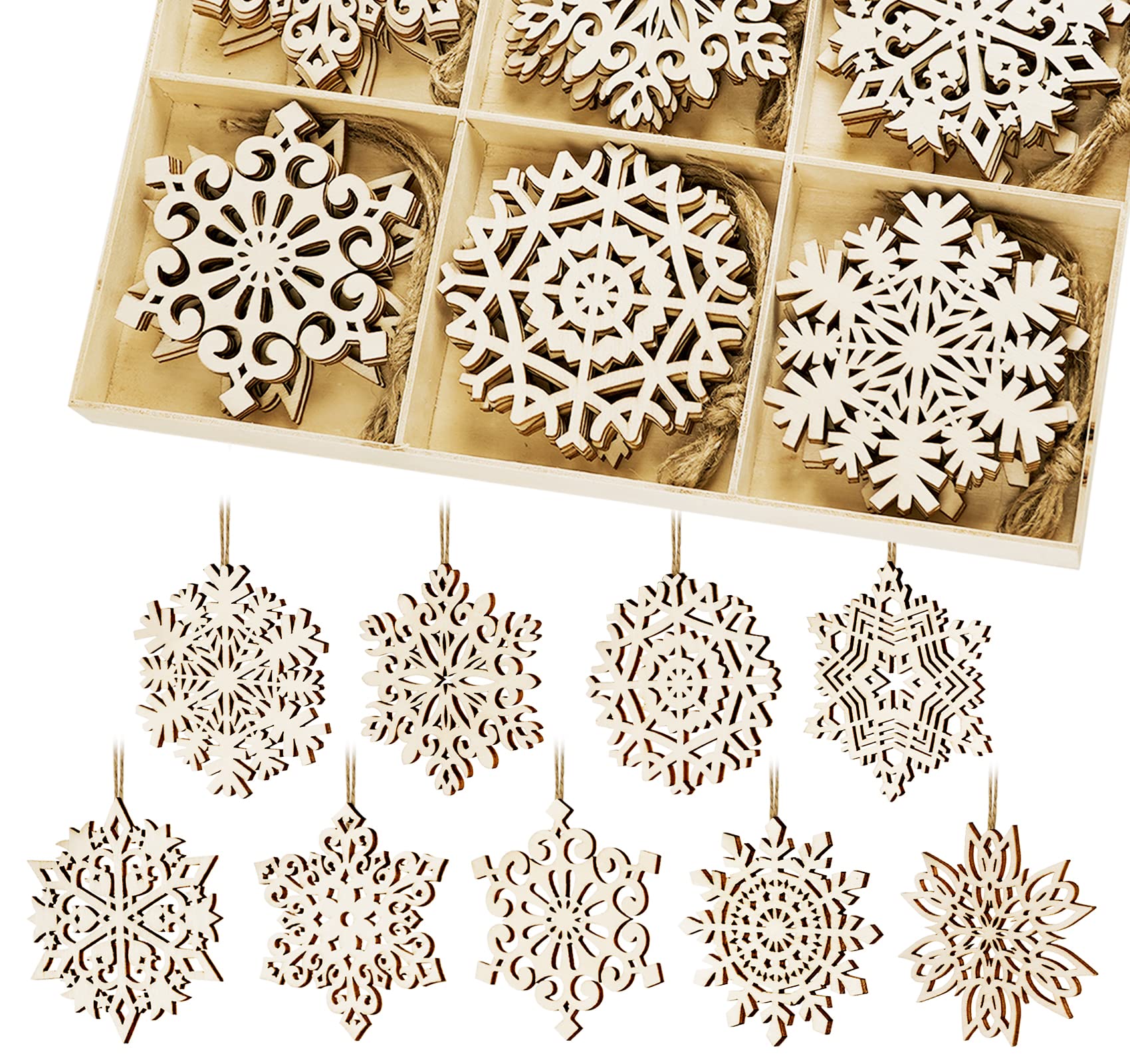 HOUÍSM 36pack Wooden Snowflakes Shaped Embellishments, DIY Craft Snowflake Cutouts to Paint, Wood Hanging Ornaments for Rustic Christmas Winter, Tree Pendants, DIY Gift Tags Crafts with Twine-4inch