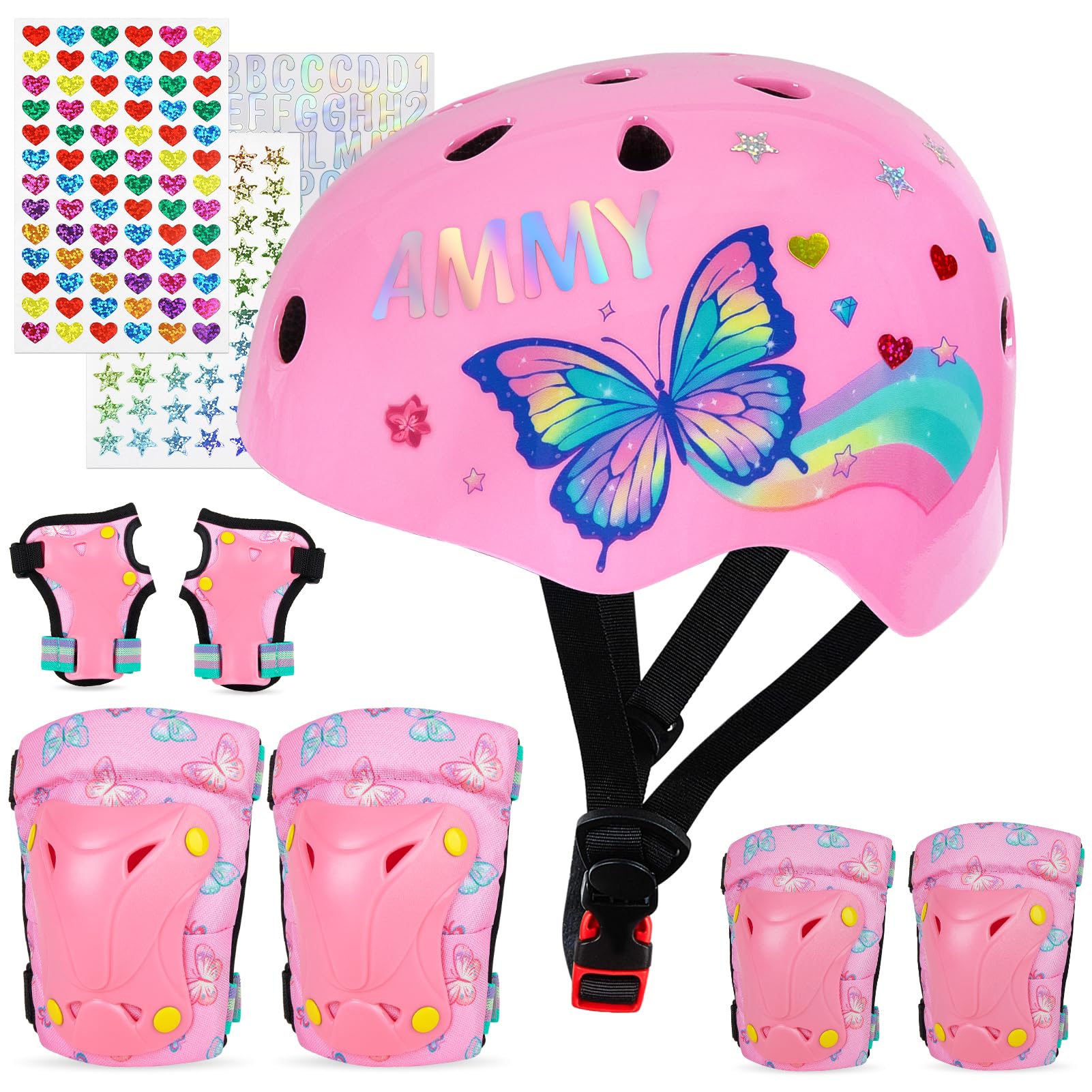 MHJY Kids Helmet and Pads Set with DIY Stickers Girls Bike Helmet Age 3-8 Years Unicorn Knee and Elbow Pads Adjustable Protective Gear for Children Cycle, Skateboard Scooter, Roller Skates