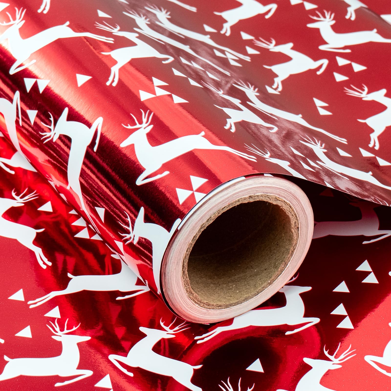 WRAPAHOLIC Papel de regalo de Navidad reversible, rollo jumbo de 30 pulgadas x 100 pies, diseño de reno rojo y rojo sólido con brillo metálico