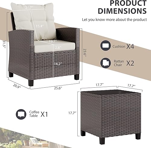 Miniatura 5 de Vongrasig Juego de muebles de patio de 3 piezas pequeños de mimbre para exteriores, porche, bistró, juego de sillas de patio acolchadas con mesa de