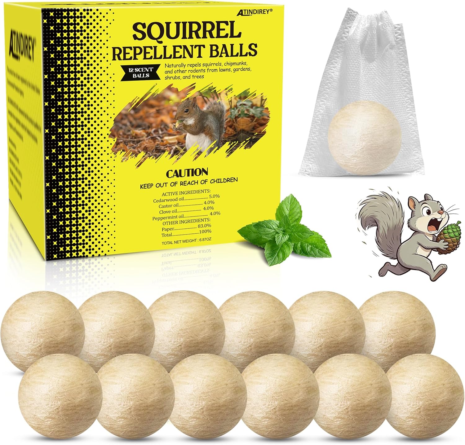 Squirrel Repellent Balls- Chipmunk & Rodent Deterrent for Outdoor & Indoor Use, Attic, Garden, Cars, Bird Feeders - Safe for Pets & Kids, Lasts 30-60 Days (12)