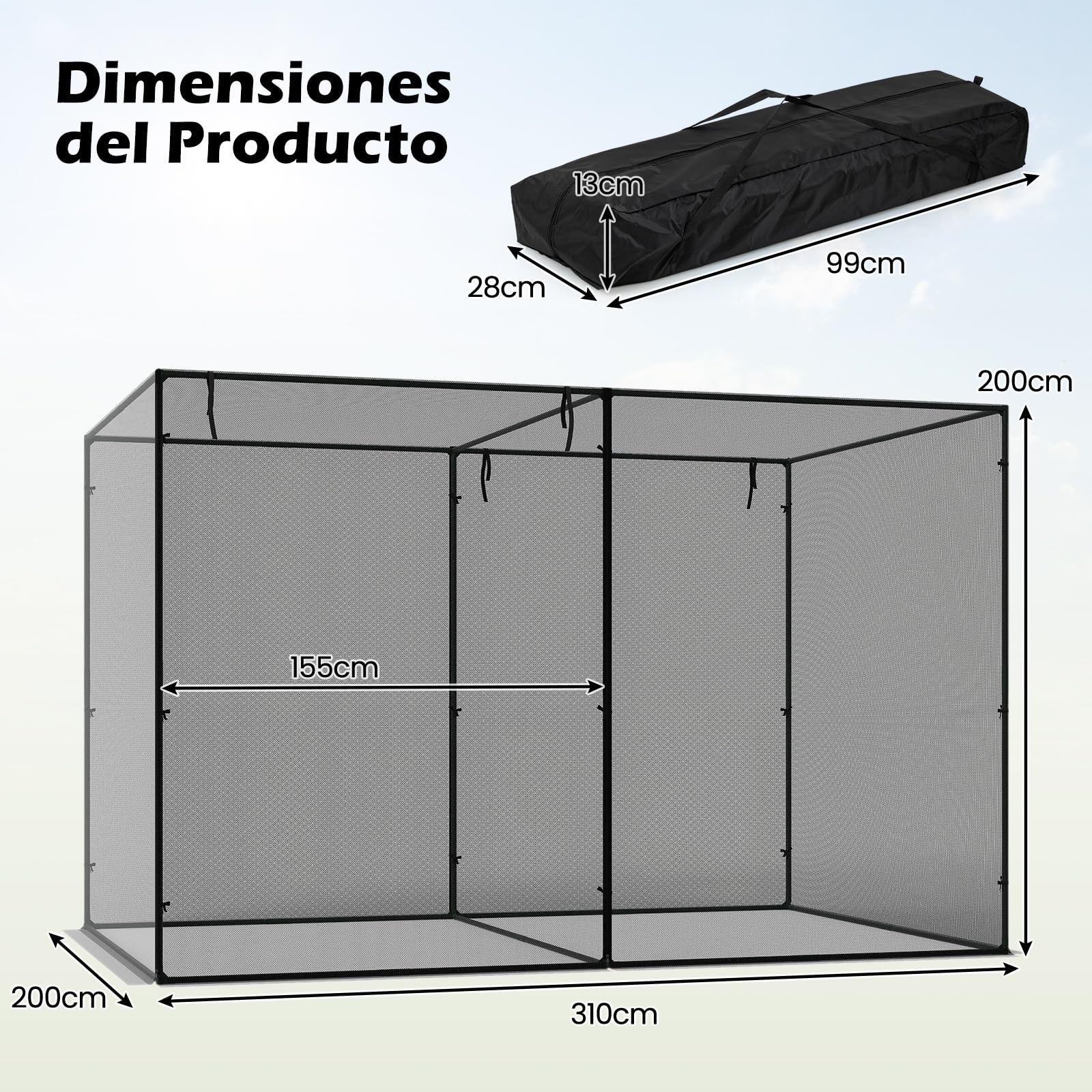 COSTWAY Red Protección para Plantas, Malla Antipájaros con Estructura de Metal, Puerta Enrollable con Cremalleras, Red Protectora contra Insectos con Malla Fina, para Verduras, Flores, 310x200x200 cm