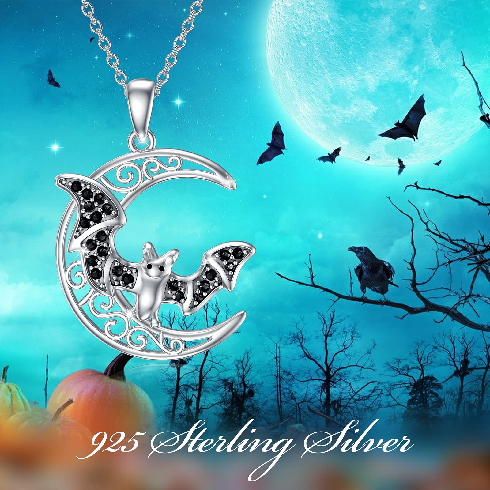 Collar de luna celta de murciélago de plata de ley 925 con colgante de luna creciente con collar de murciélago negro, joyería de Halloween, regalos para mujeres y niñas