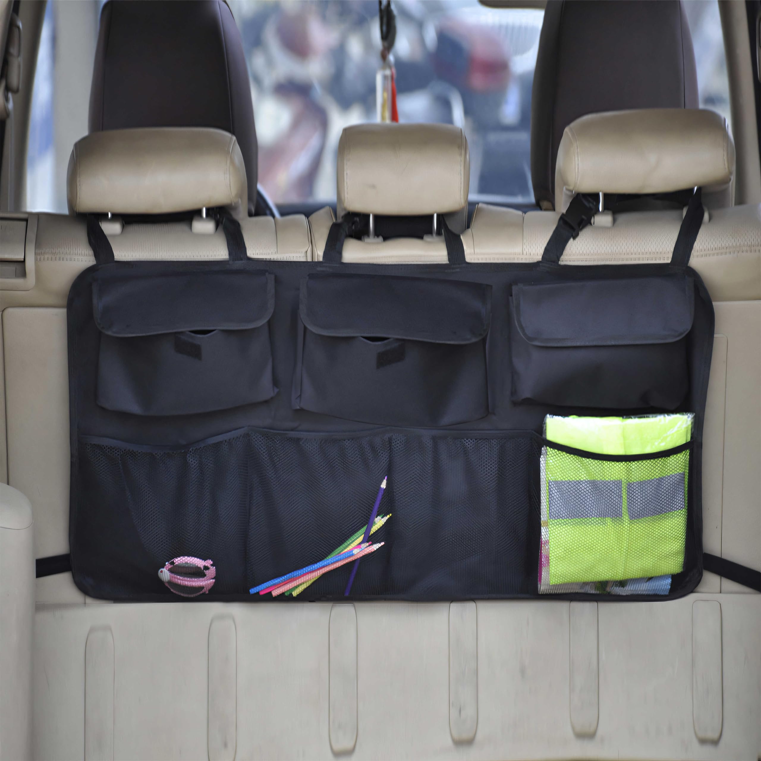 Retoo Organizator bagażnika samochodu, organizer fotela samochodowego, torba przechowywania, 89,5 x 35 cm, wiszący organizer tylne siedzenie, torba bagażnika z dzielonymi modułami, do SUV