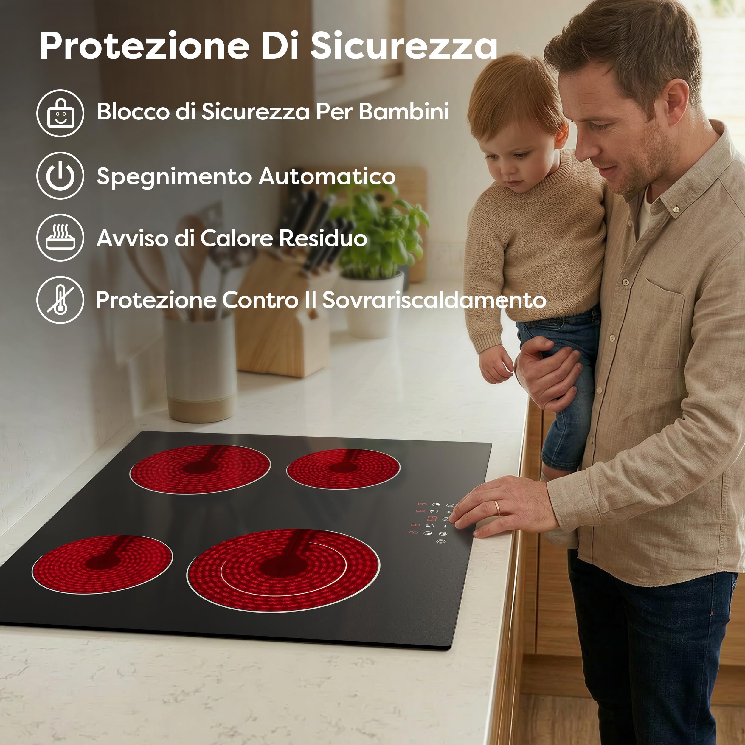 CDV Piano Cottura Vetroceramica 4 Fuochi 6400 W Doppia Zona | Piano 60 cm da Incasso con Doppia Zona, 9 Livelli, Timer 99 Min, Blocco Bambini e Spegnimento Automatico