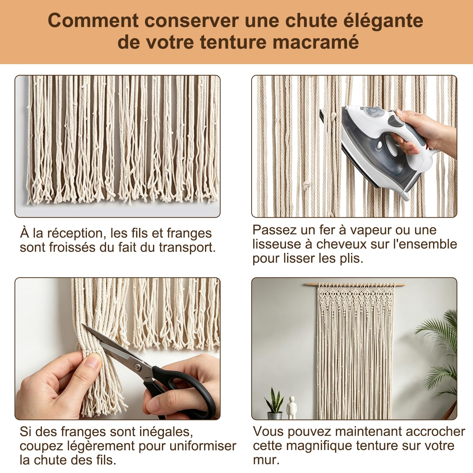 Rideau de porte tissé à la main, tapisserie murale en macramé pour décoration de fond de mariage, tapisserie tissée à la main, beige (90 x 180 cm)