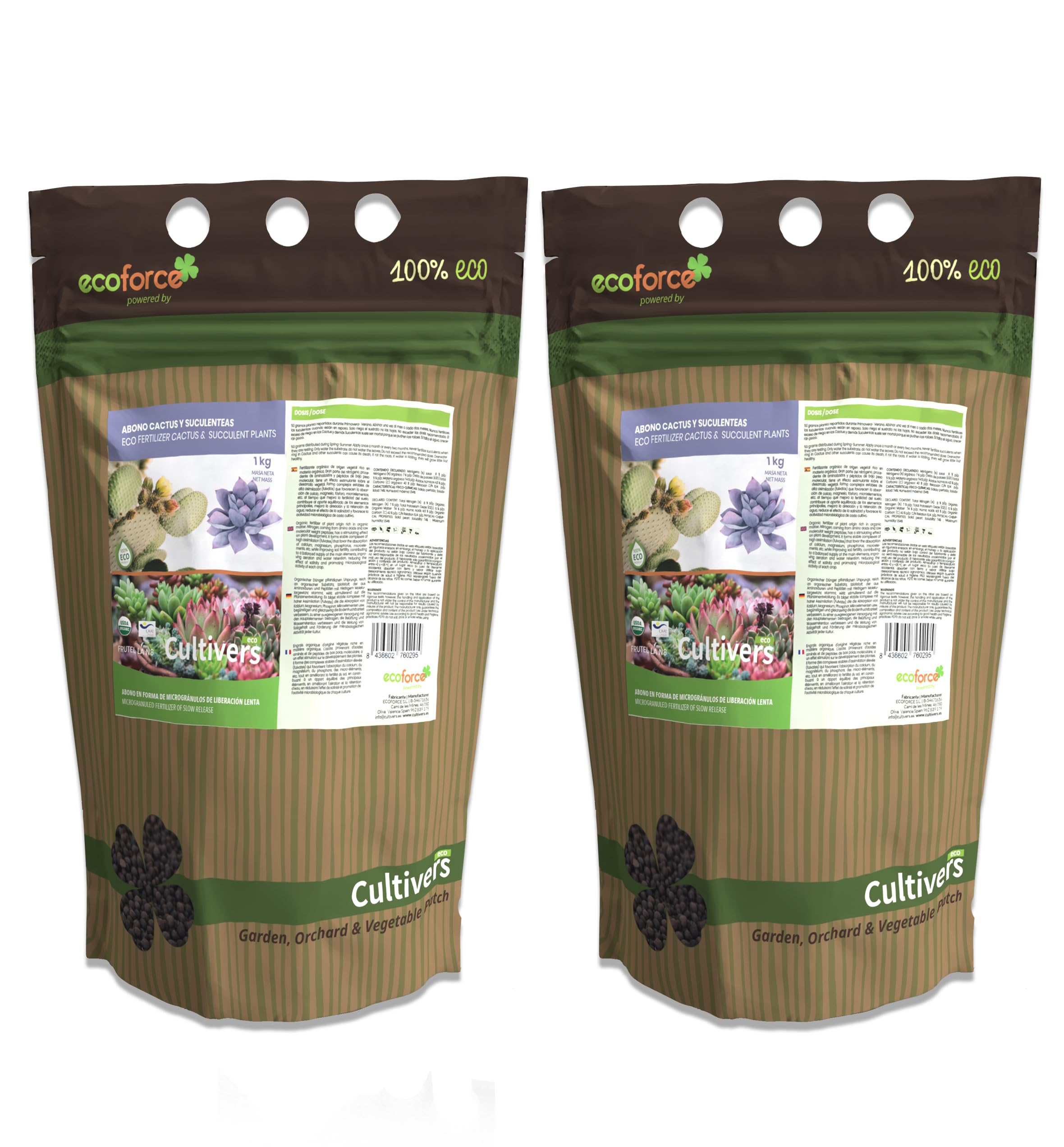 CULTIVERS Abono Cactus Plantas Crasas y Suculentas Ecológico de 2x1 kg. Fertilizante de liberación Lenta. Origen 100% Orgánico y Vegano