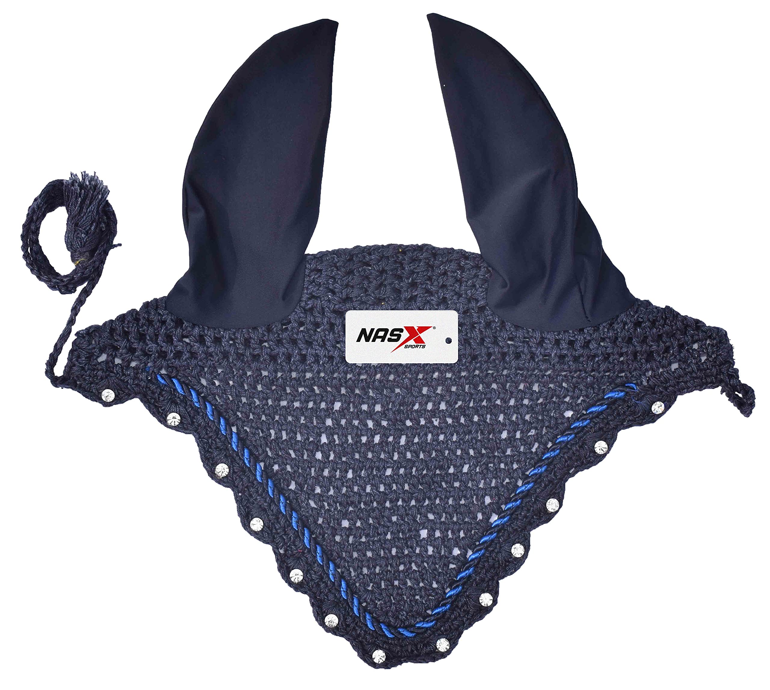 Diamante Crystal Horse Fly Hood Veil Ear Bonnet Flyveil Cotton Crochet Handmade Glitter (FULL, Navy Blue)