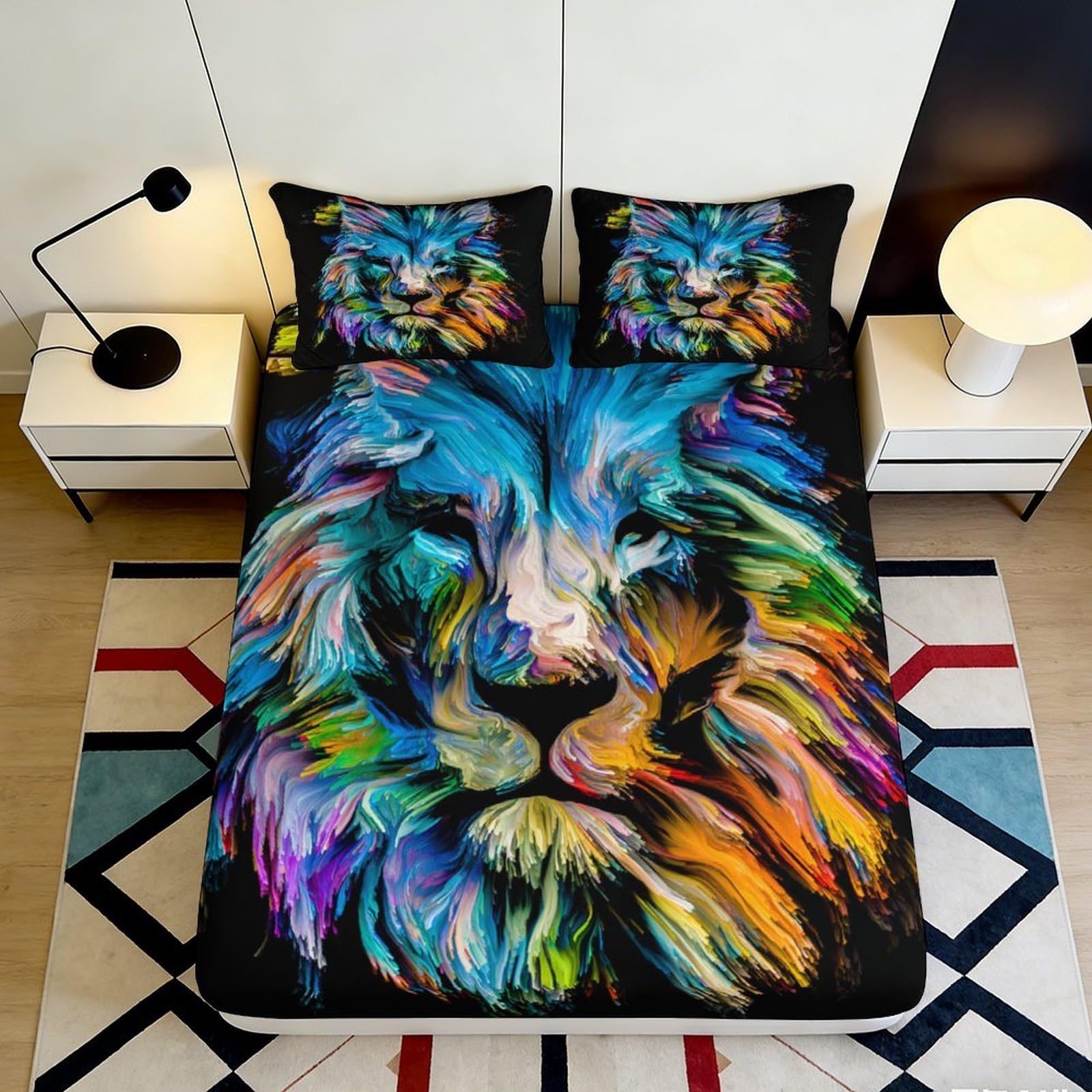3D Printed Colorful Lion Fitted Sheet Microfiber Soft Artistic Wild Animal Bed Cover for Bedroom Dorm Mattress Protection Decor 90x200x25cm