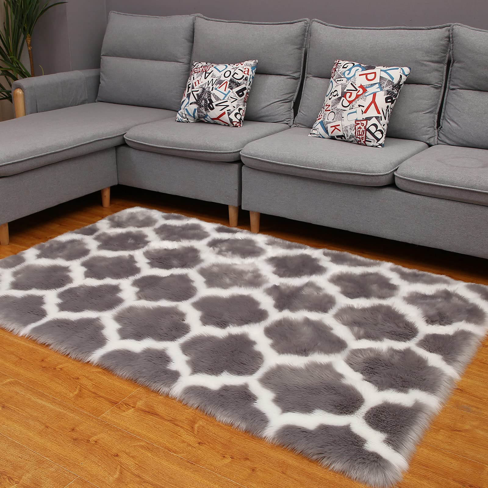 Tapis pelucheux à poils longs en velours super doux pour salon, couloir, chambre à coucher (60 x 90 cm, gris + blanc)