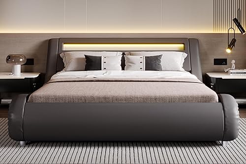 Miniatura 6 de SHA CERLIN - Base de cama Queen con cabecera LED ajustable - Diseño de trineo de perfil bajo, soporte de listones de madera resistente y base para