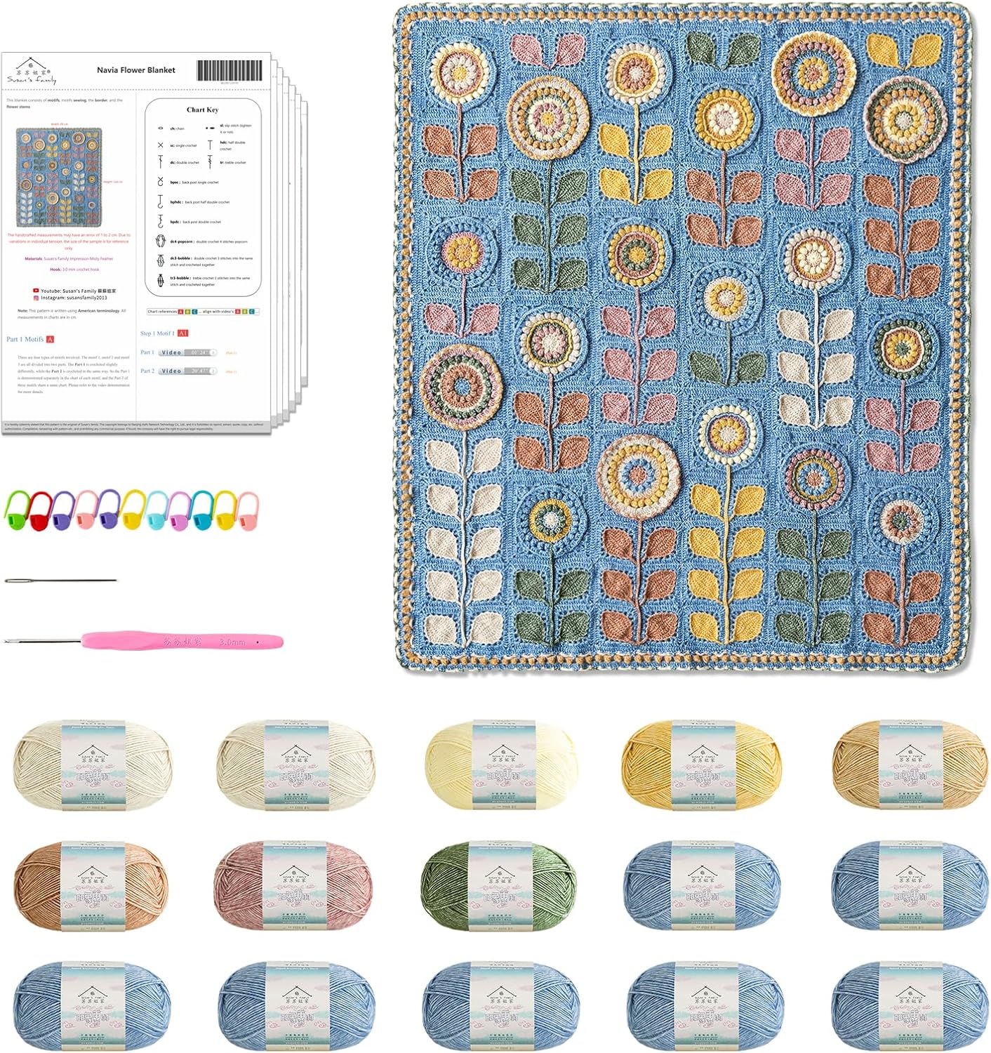 Susan's Family Crochet Kit for Upper Level, Blanket Crochet Kit w Pattern & Video Tutorials, Christmas New Year Handmade Gift, Scandinavian Style, Navia Flower Blanket (Silver Lake Blue)