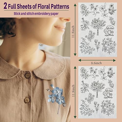 Miniatura 2 de ZQmino Patrones de bordado solubles en agua, diseños de papel de bordado en barra y puntada, papel de transferencia adhesivo para bordar con hongo