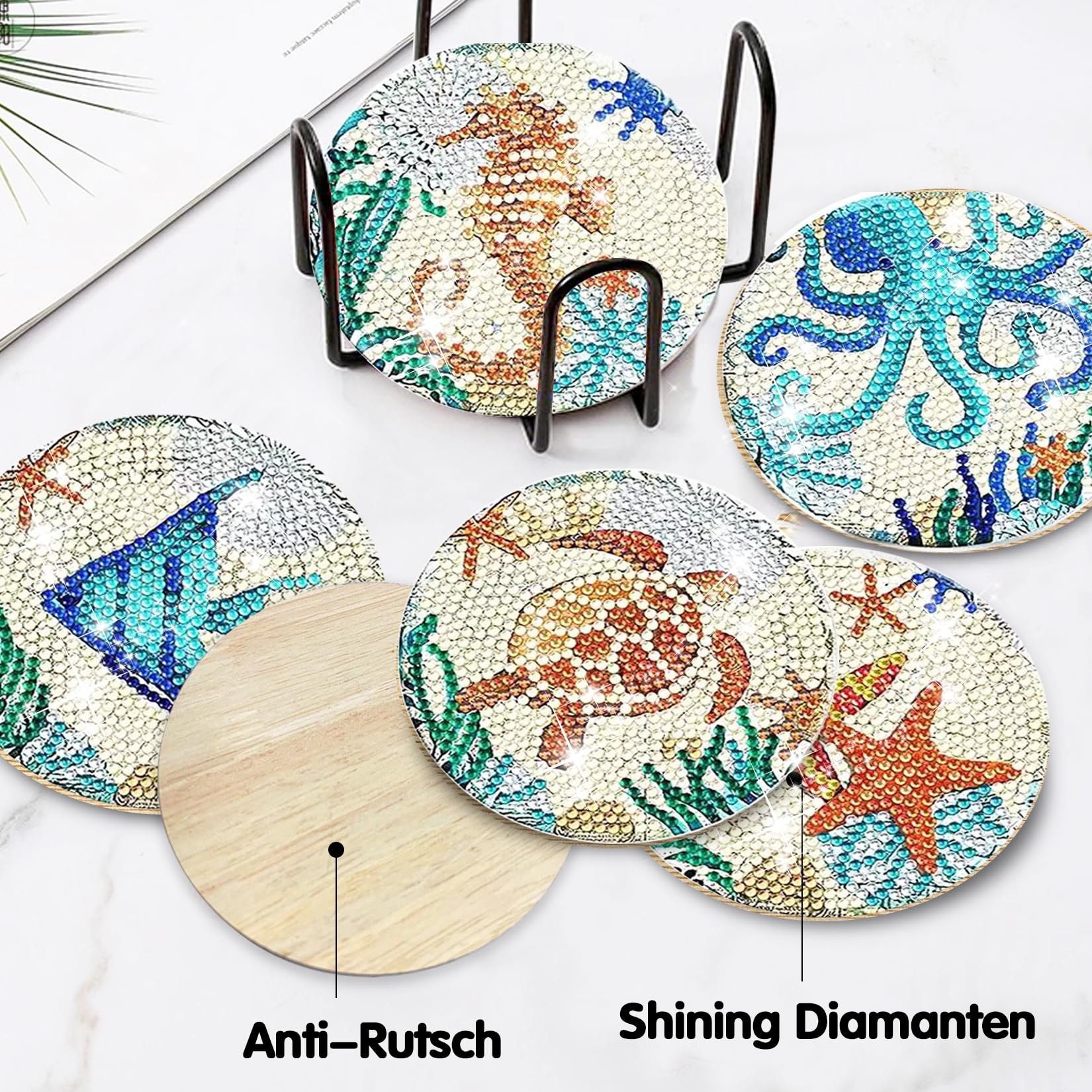 GothicBride Lot de 10 sous-verres de peinture diamant avec support - Pour adultes - Dessous de verre - Peinture diamant - Bricolage - Kit créatif pour adultes - Océan