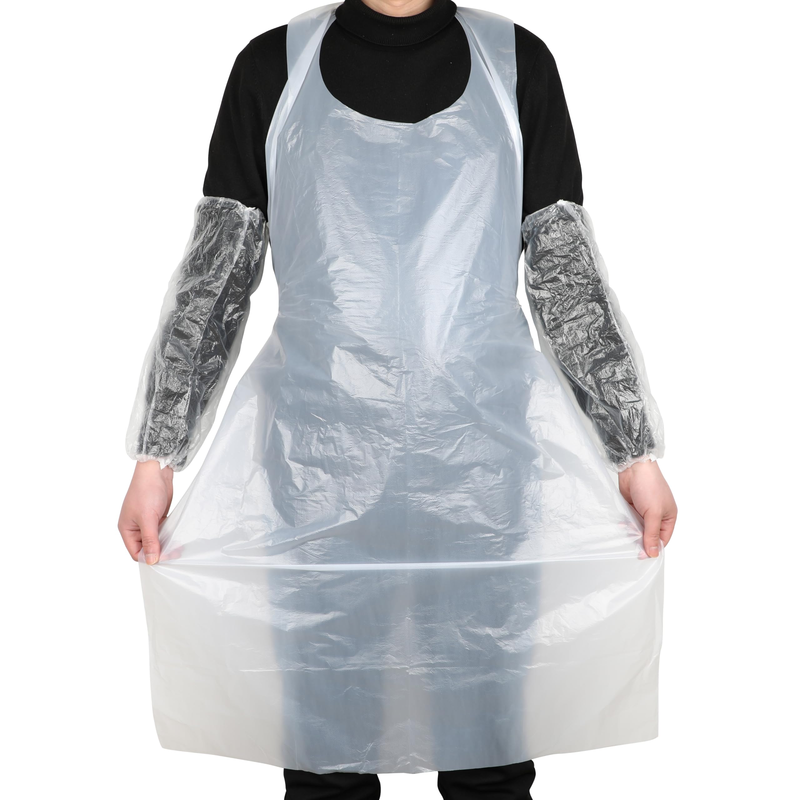 DIYASY Lot de 100 tabliers et manches jetables imperméables et 100 manches, tabliers et manchettes en polyéthylène blanc pour le nettoyage, la cuisine, la peinture et un usage quotidien