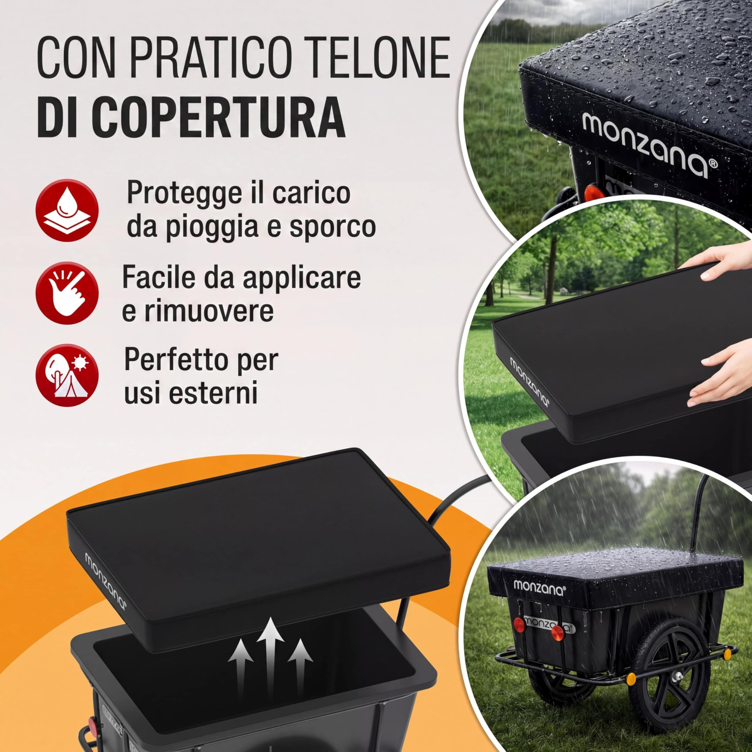 MONZANA® Rimorchio per Biciclette con Cassone in Plastica da 90L Gancio da Carico Carrello Trasporto Viaggi Bici Portaoggetti