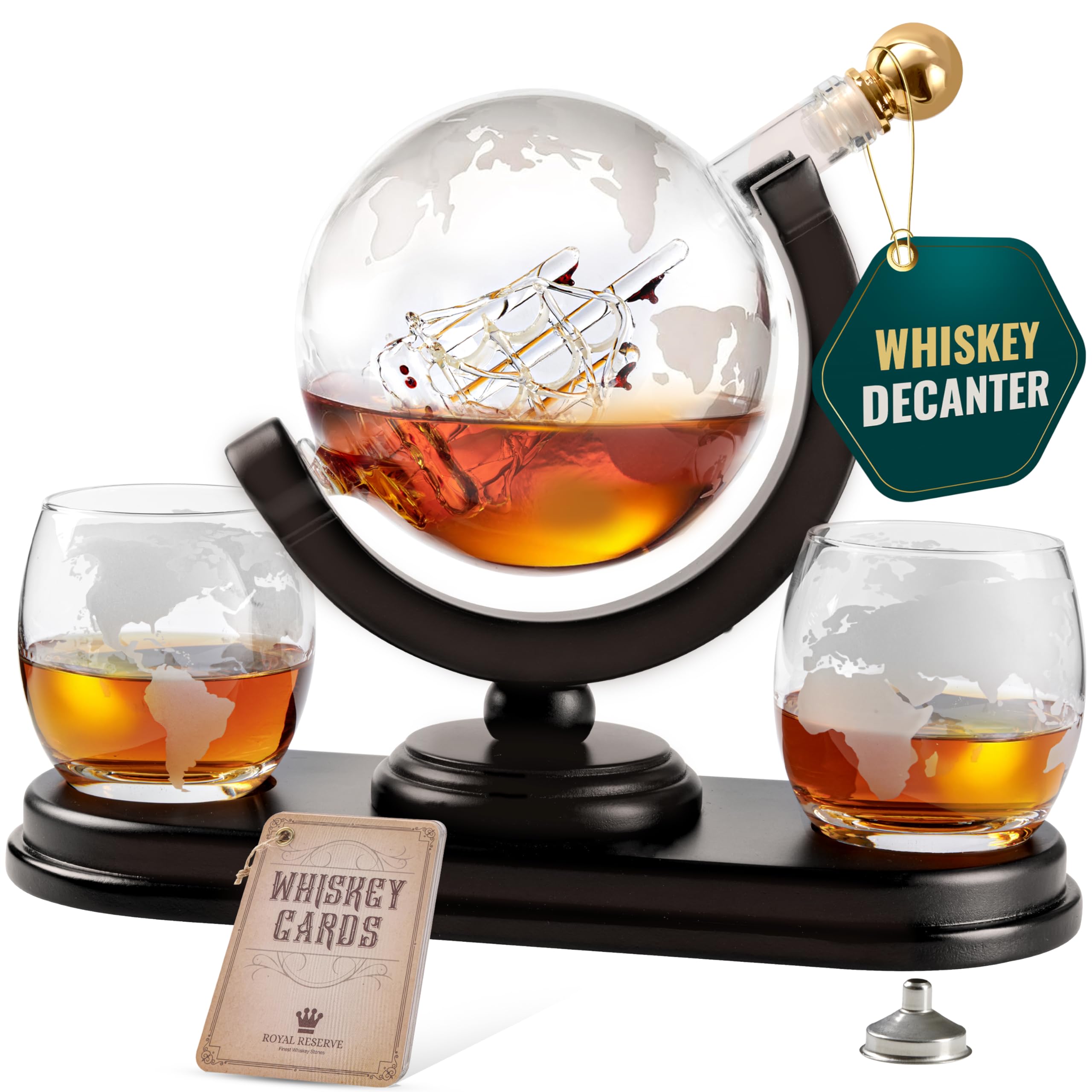 Globe Whiskey Decanter Gift Set by Royal Reserve | Etched World Map Globe Decanter 29 oz 850 ml with Glasses for Bourbon, Liquor – Whiskey Gifts for