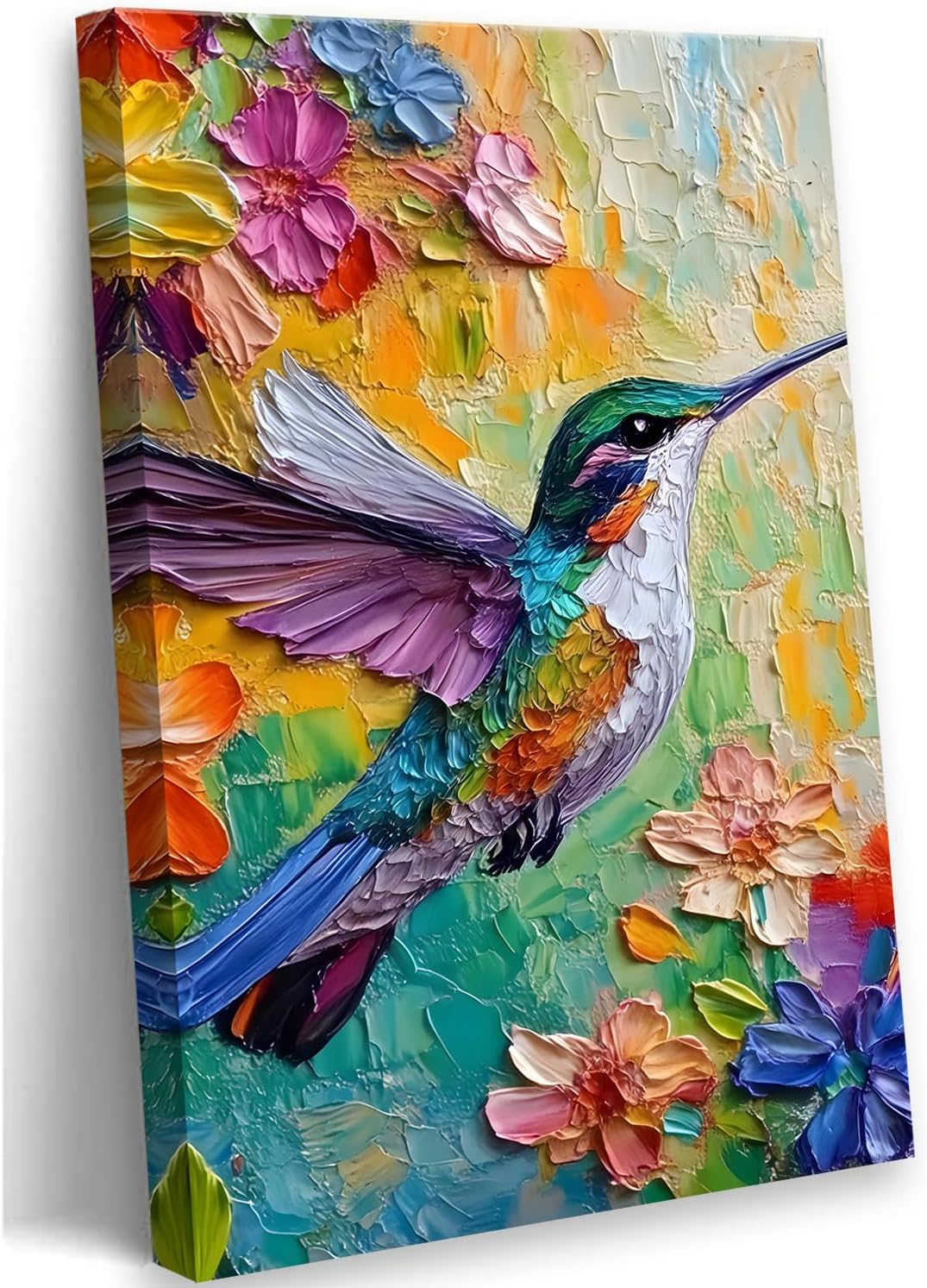 2D No Texture Colorful Painting Hummingbird Canvas Wall Art, Spring Flower Wall Decor, Hummingbird Picture for Wall Living Room Bathroom Bedroom Home Decoration 12*18 in (Stretched Canvas on A Wooden Frame)