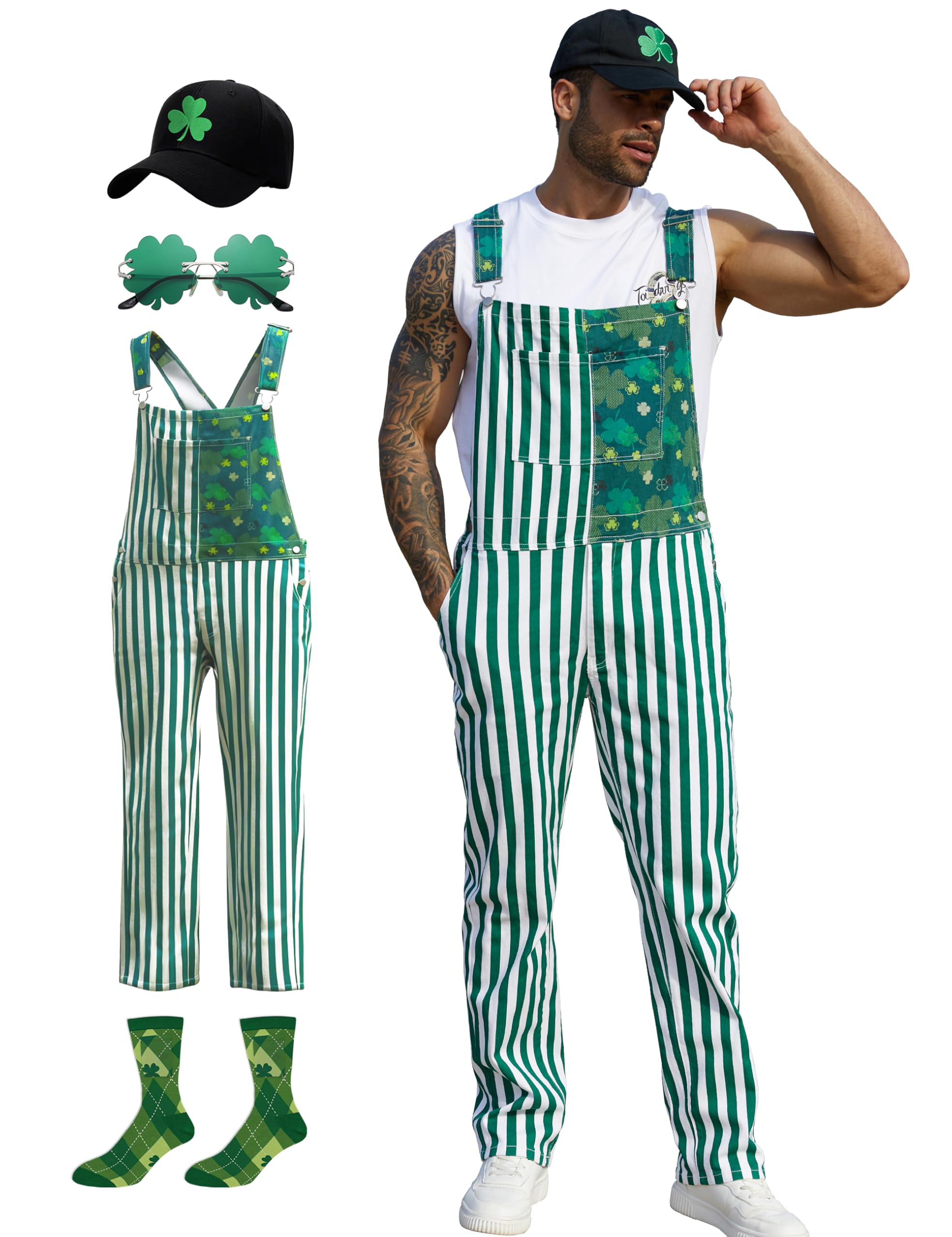 St Patricks Day Overalls for Men Green Sunglasses Shamrock Hat Cotton Socks 4 Pcs Festival Outfits Irish Gifts