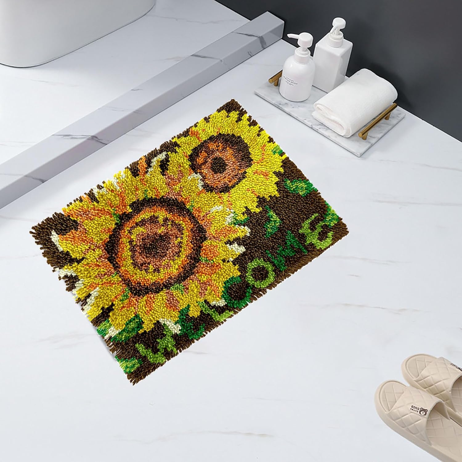 FJEOLEN Latch Hook Rug Kit, Sunflower Pattern Printed Canvas Rug Latch Hook Kits, DIY Embroidery Kits Home Decor, Handmade Needlework Crafts for Adults Beginners 20.47 x 14.98 inches