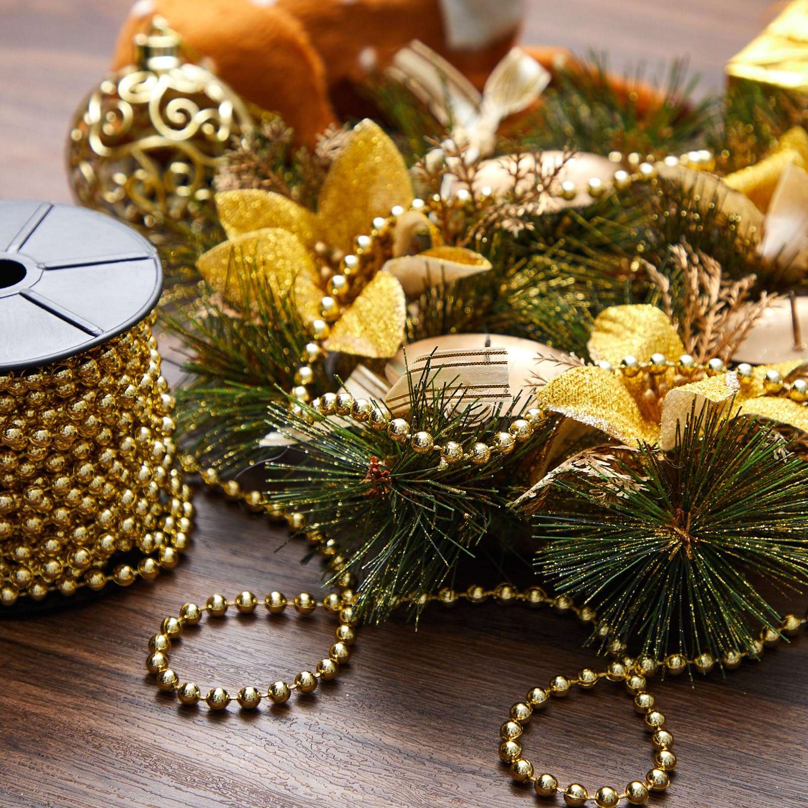Chuangdi 1 Roll/ 15m Christmas Bead Chain 6mm Gold Christmas Hanging Decoration Christmas Tree Ornaments Plastic String Garlands for Craft Xmas Tree Stairs - Image 4