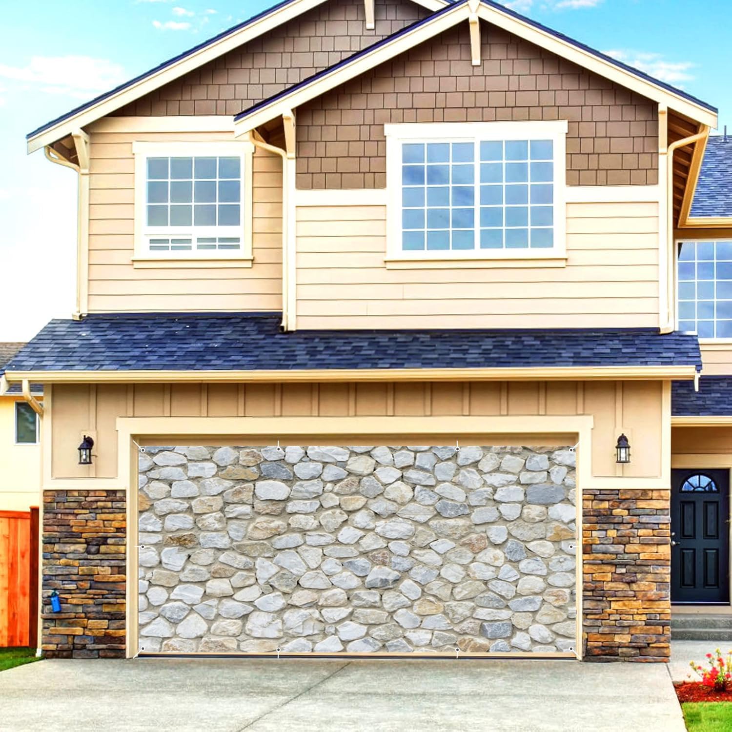 Large Stone Brick Garage Door Banner Decorations Backdrop 7x16ft Stone Wall Retro Brick Wall Cobbled Brickwork Garage Door Banner Adult Family Art Portrait Birthday Garage Door Cover Decorations Cover
