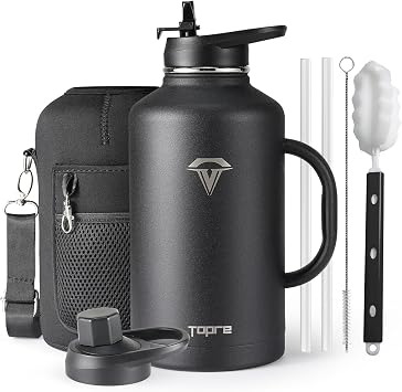 Topre Half Gallon Water Bottle with Straw and Lid, 64 oz Insulated Stainless Steel Jug with Handle,Reusable Metal Travel Flask Mug Cup With Carry Pouch and Brush,Keep Cold & Hot,Black