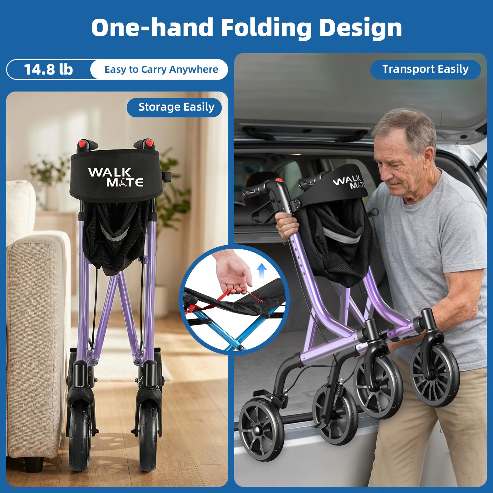 WALK MATE Andador con ruedas para personas mayores con soporte para tazas, botón de presión mejorado para ajustar la altura, ruedas de 4 x 8 pulgadas con asiento respaldo acolchado, plegable, ligera,