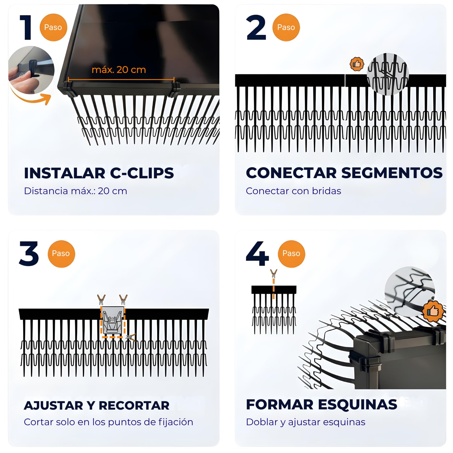 Repelente de Aves 40 m – C-Clip 30 mm – Extra Hoch 200 mm, Perimeter Segment Resistente a los Rayos UV para instalaciones solares