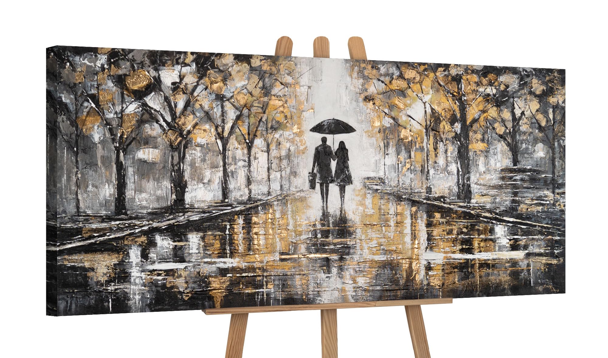 Ys Walking Together -Art Original Handmade Rainy Park Artwork, Romantic Couple With Umbrella In Golden Light, Acrylic Canvas Wall Decor For Cozy Bedroom Or Studio 45X20 Inch