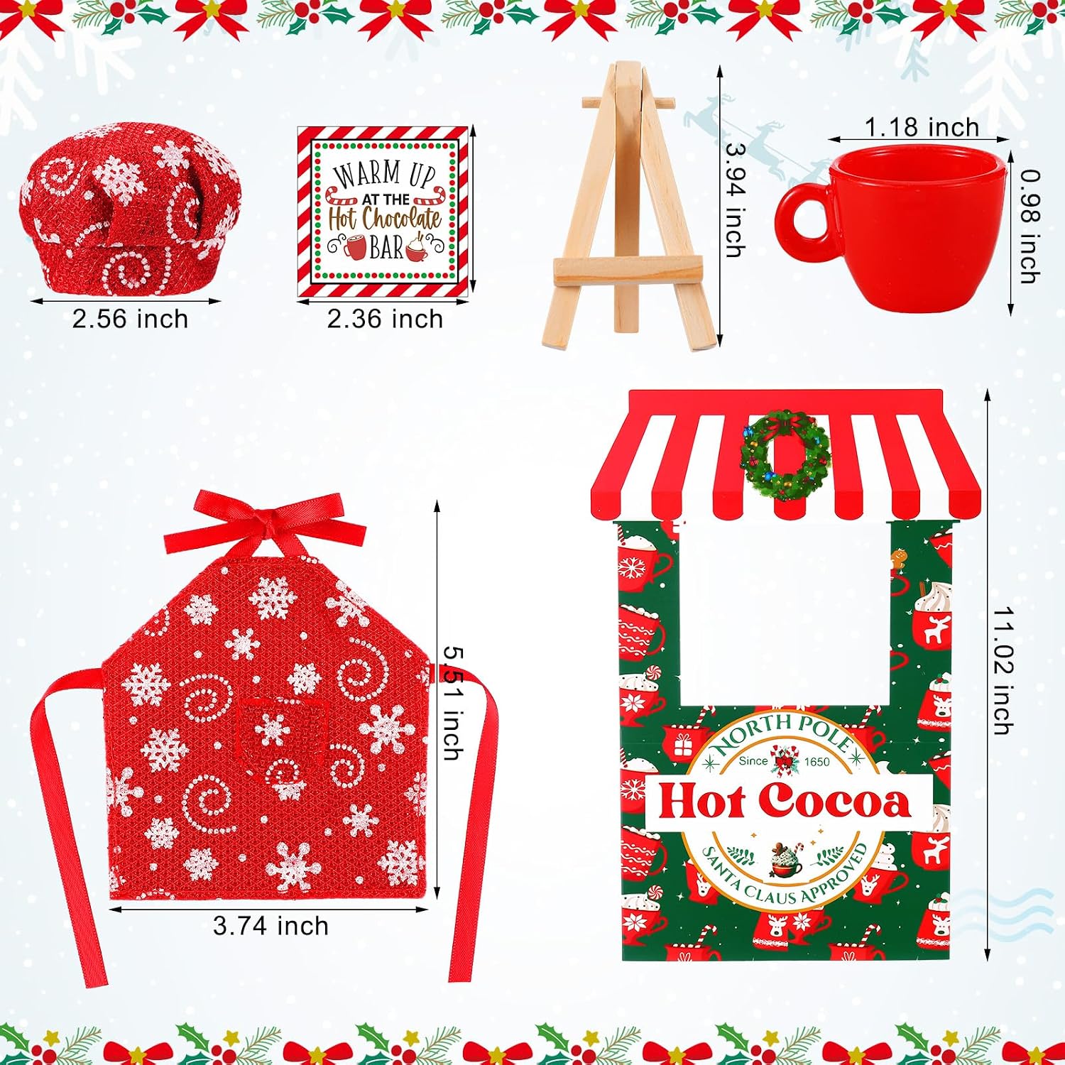 Gemscream 10 Pcs Christmas Doll Accessories Set Include Hot Cocoa Stand Snowflake Apron Decorative Card Wood Display Stand Red Mug Mini Marshmallows Hot Cocoa Bar Supplies Outfit for 30cm Dolls