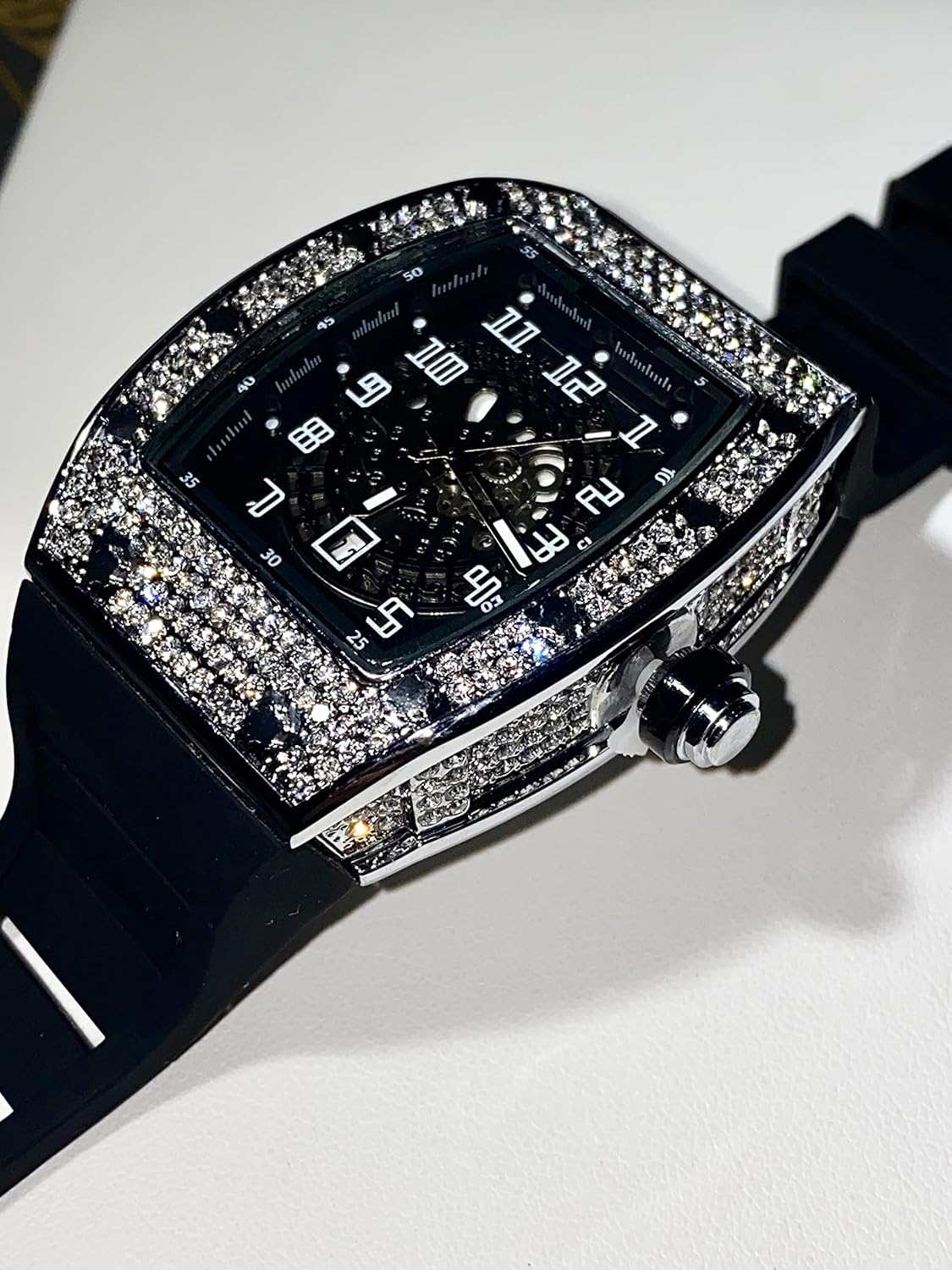 Men's Luxury Square Silver Dial Wrist Watch with Black Band, Iced Out CZ Diamond Bracelet, Roman Numeric Dial, Hip Hop Rapper Choice Bust Down Watch for Men and Women