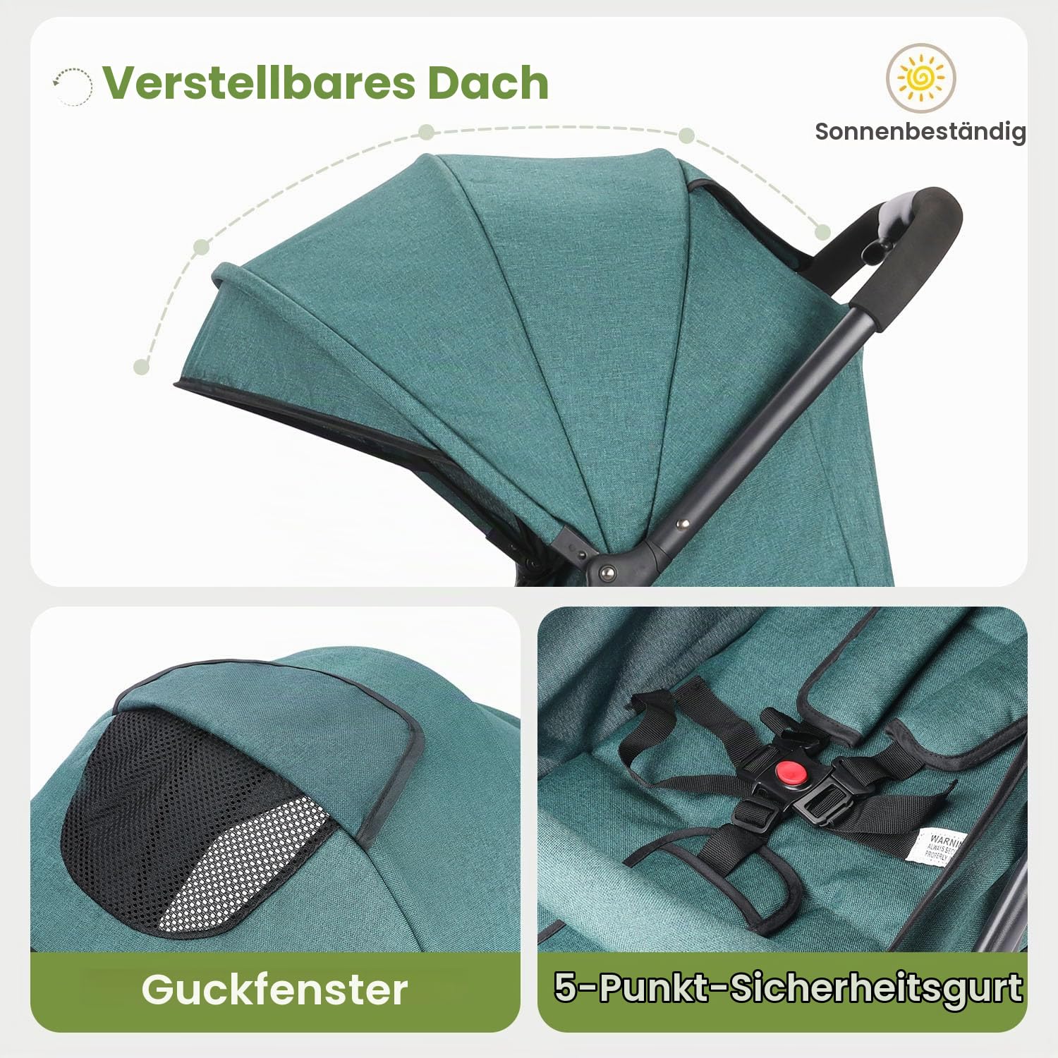 Faltbar Kinder-Buggy Kinderwagen, Regulierbarer 5-Punkt-Sicherheitsgurt, Zusammenklappen mit einer Hand, großes Verdeck, Robuster alle 4 Räder gedämpft, geräumige Sitz, Einkaufskorb (Dunkelgrün)