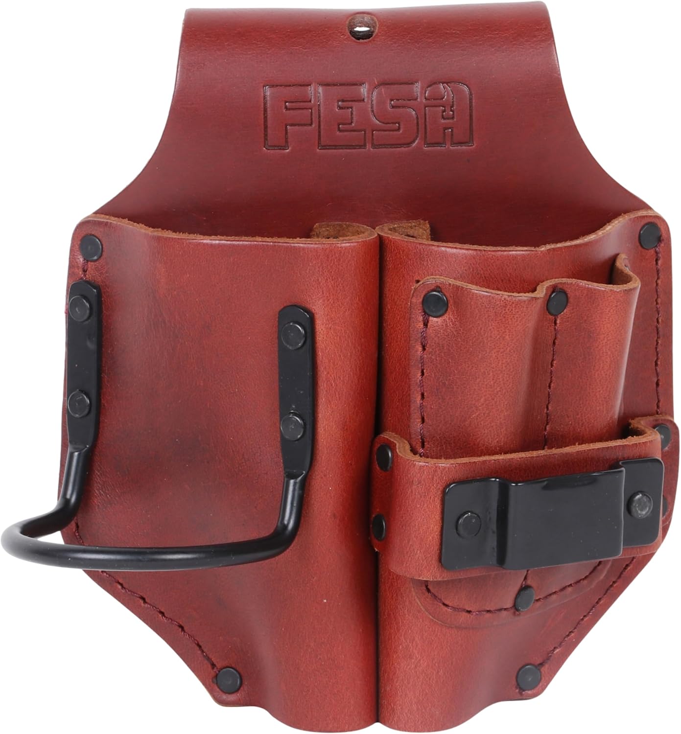 FESA Durable Leather Pliers Holster - Leather Double Plier Holder for Belt with Steel Hammer Holder, Tape Clip & 2 Carpenter's Pencil Pockets - Clip On Any Belt - Handcrafted