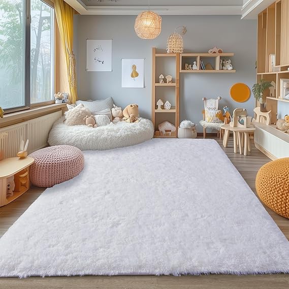 Area Rugs for Bedroom Living Room, 4x6 Soft Large Fluffy Fuzzy Shag Plush Furry Carpet, Soft Indoor Floor Mat for Kids Nursery Home Dorm Office Decor Aesthetic, White
