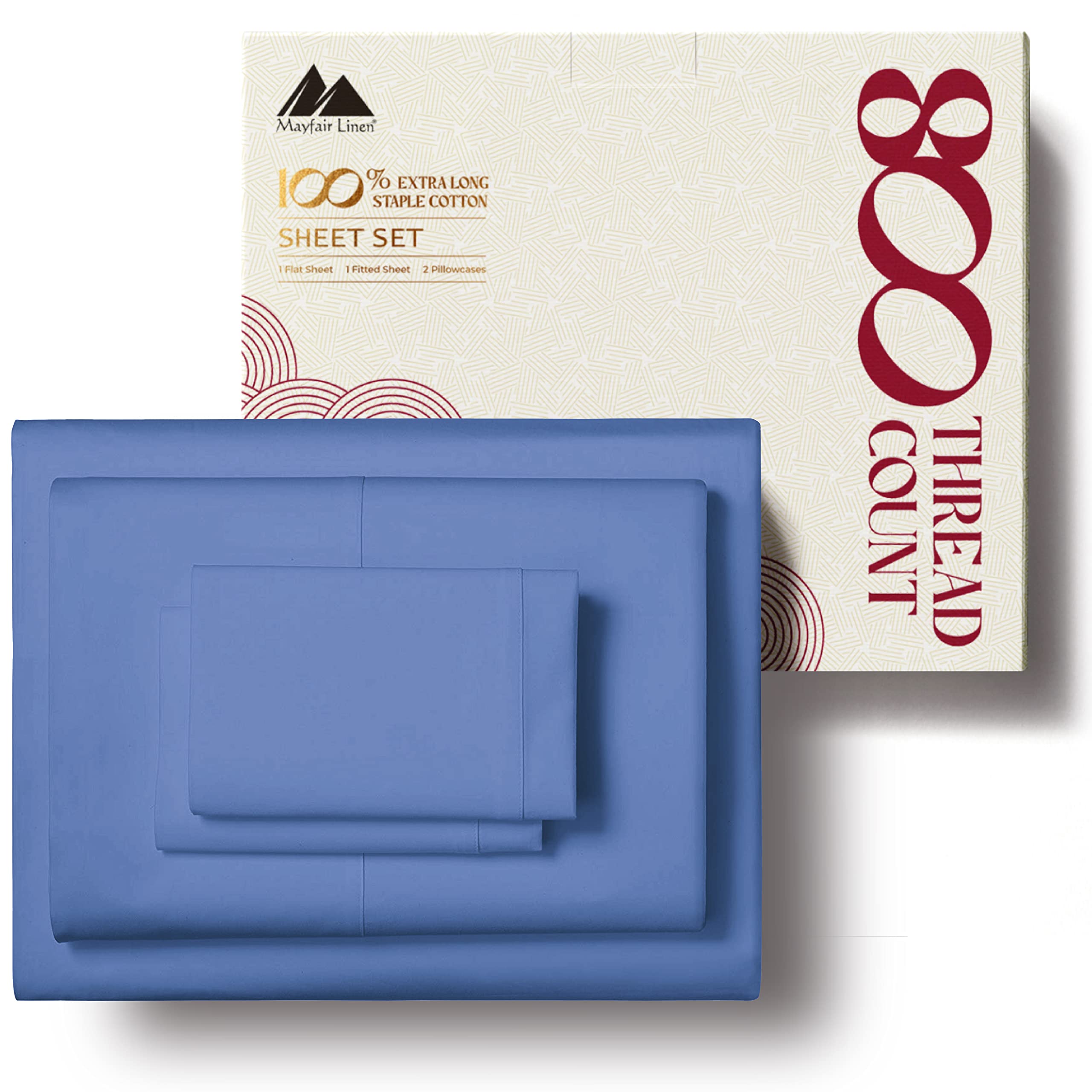 Mayfair Linen800 Thread Count 100% Cotton Sheets, Medium Blue Twin XL Sheet Set, Long Staple Cotton, Sateen Weave for Soft and Silky Feel, Fits Mattress Upto 18'' DEEP Pocket (Packaging May Vary)
