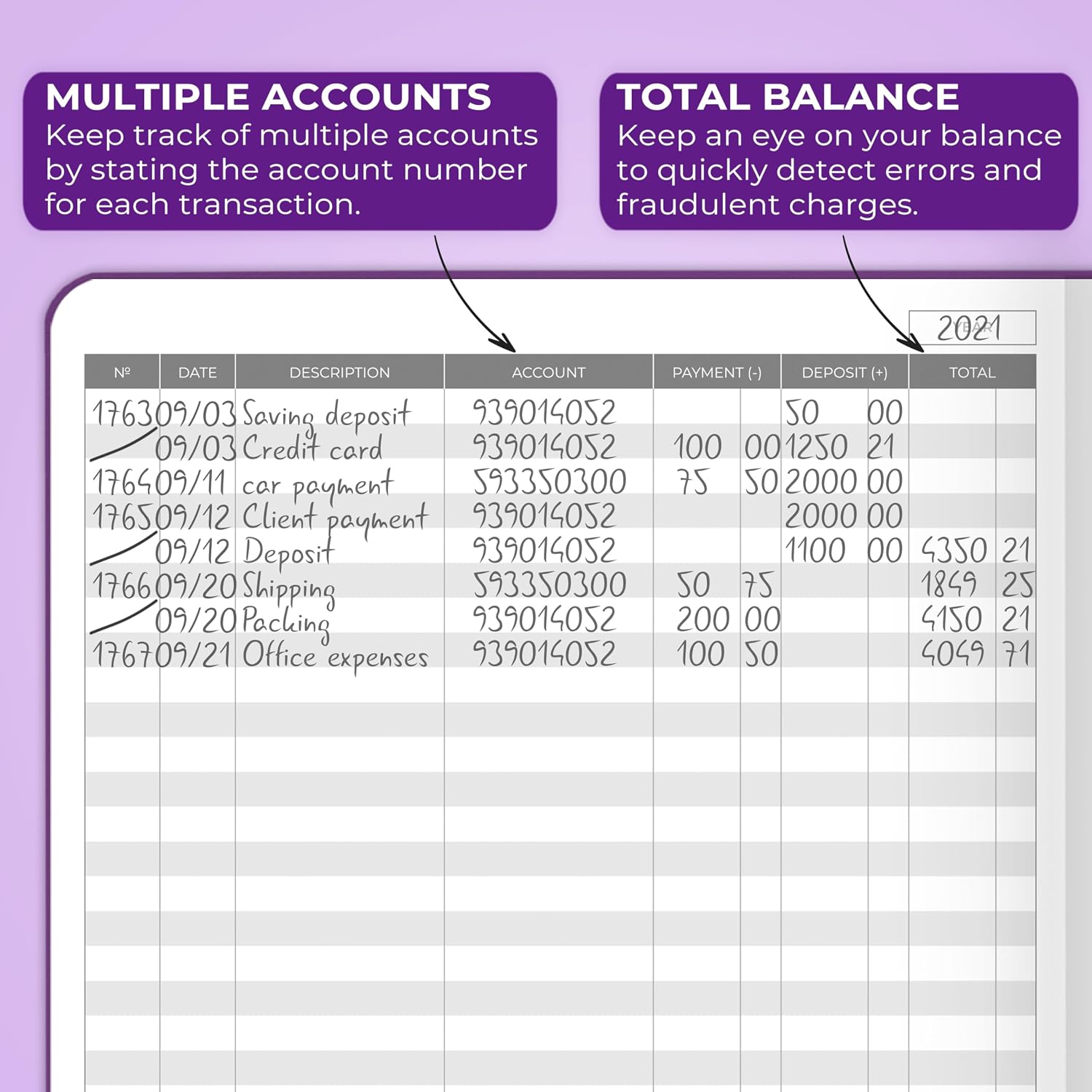 Clever Fox Accounting Ledger Book – Accounting Book for Small Businesses & Personal Use – Columnar Account Book Ledger for Tracking Money, Expenses, Deposits & Balance – Large, 7x10″ (Purple)