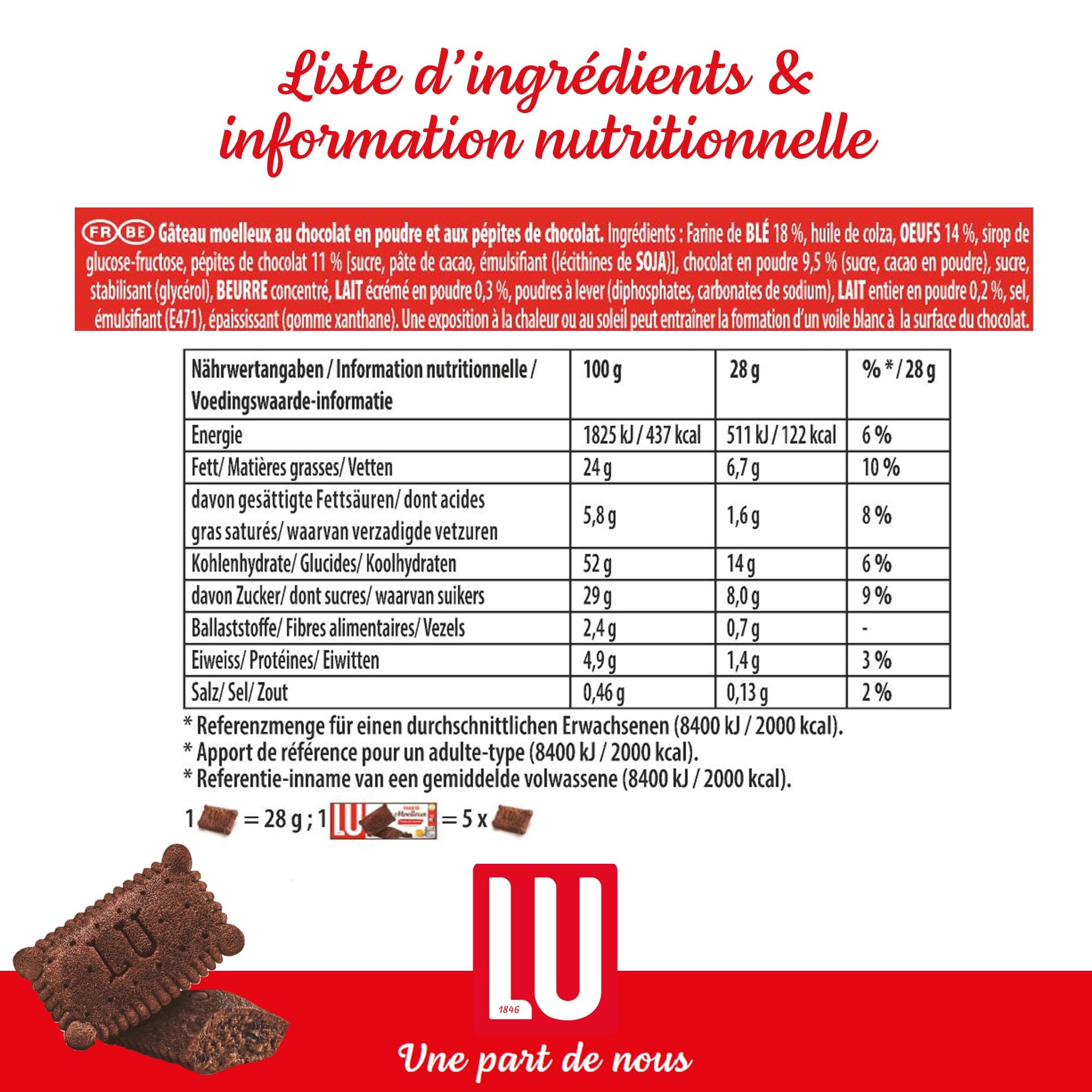 LU - Petit LU Moelleux - Gâteau Moelleux Pépites de Chocolat - Sans Conservateur Ni Colorant - Lot de Gâteaux en Sachets Individuels - Idéal pour le Goûter des Enfants - Carton de 48 Sachets de 28 g