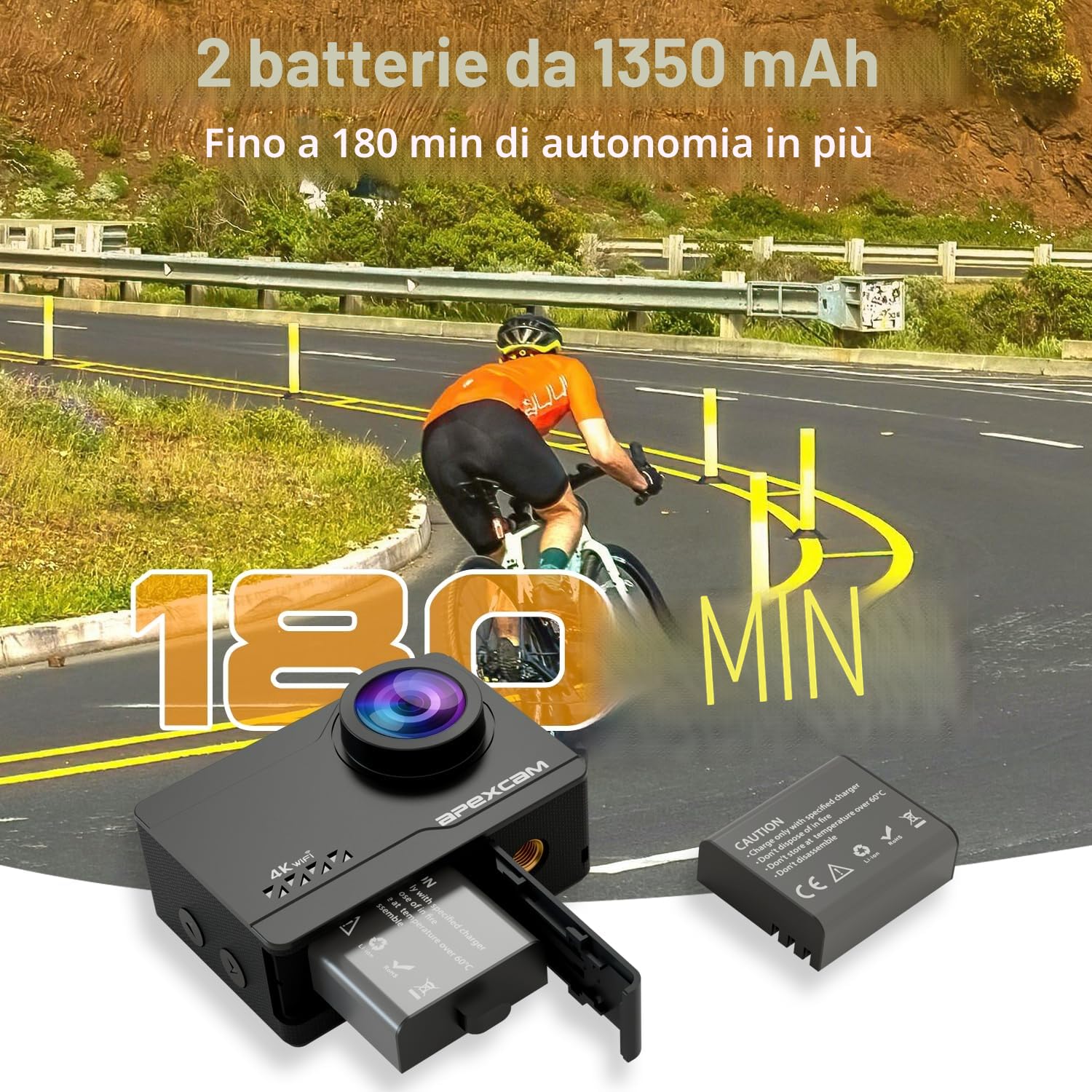 Apexcam M90 Action Cam 4K60FPS 64MP Con 64GB Scheda WIFI EIS Sport Camera Touchscreen Fotocamera subacquea 40m Impermeabile 8X Zoom 2,4G Telecomando 2x1350 mAh Batterie Set di Accessori