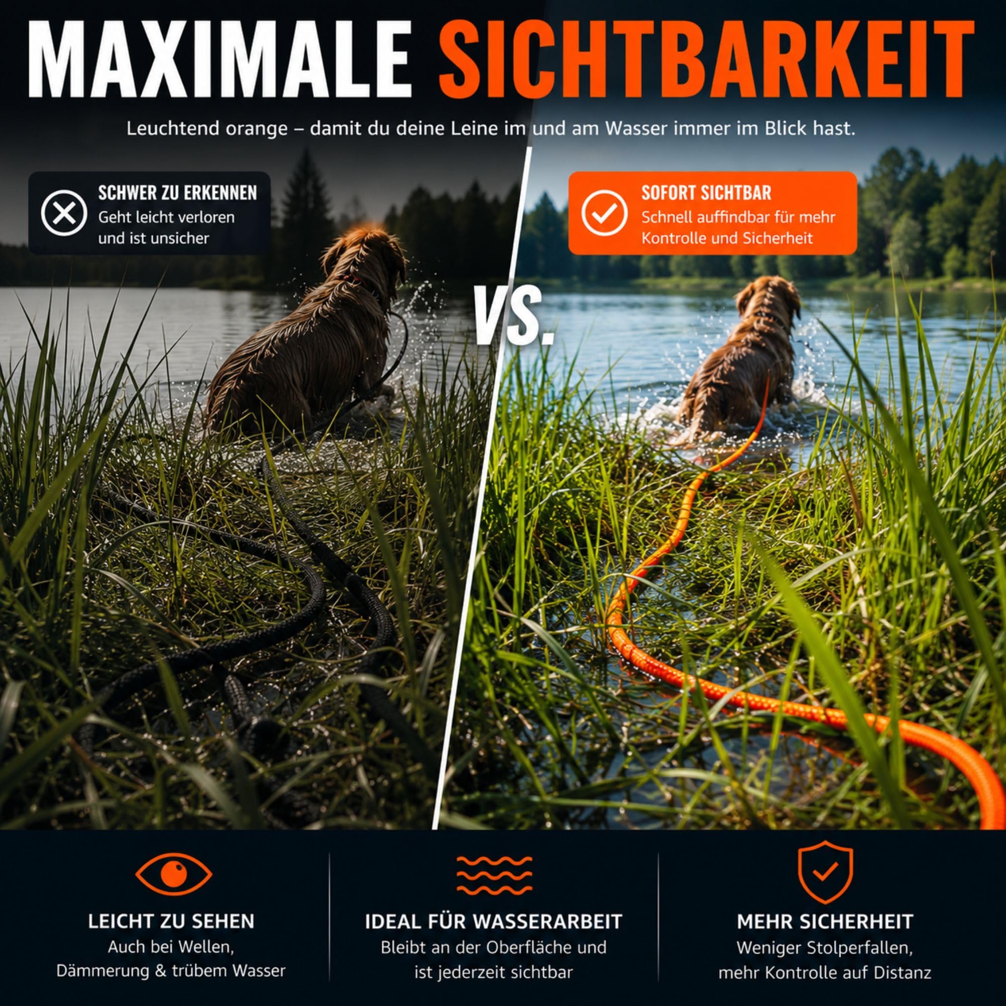 Schleppleine Hund schwimmend, ohne Handschlaufe, 10 m, Leuchtend Orange - robuste Feldleine mit Drehgelenk-Karabiner, Zuglast 230 kg, Trainingsleine für Hunde, Wasser- & Geländearbeit