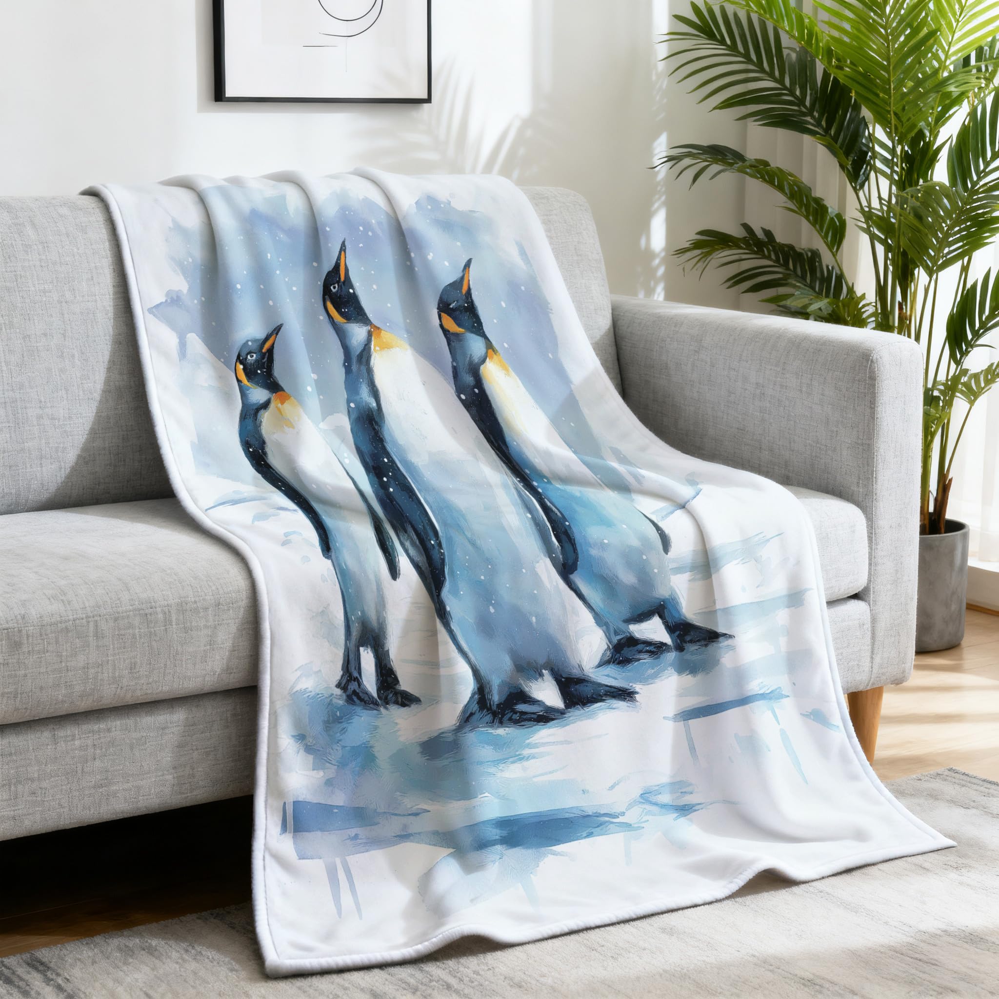 Generico Puszysty koc na sofę 150 x 200 cm, niebieski lód akwarela motyw kocyk prezenty dla mamy taty chłopak dziewczyna rodzina pingwin junior koce do domu sofa łóżko pokój dziecięcy